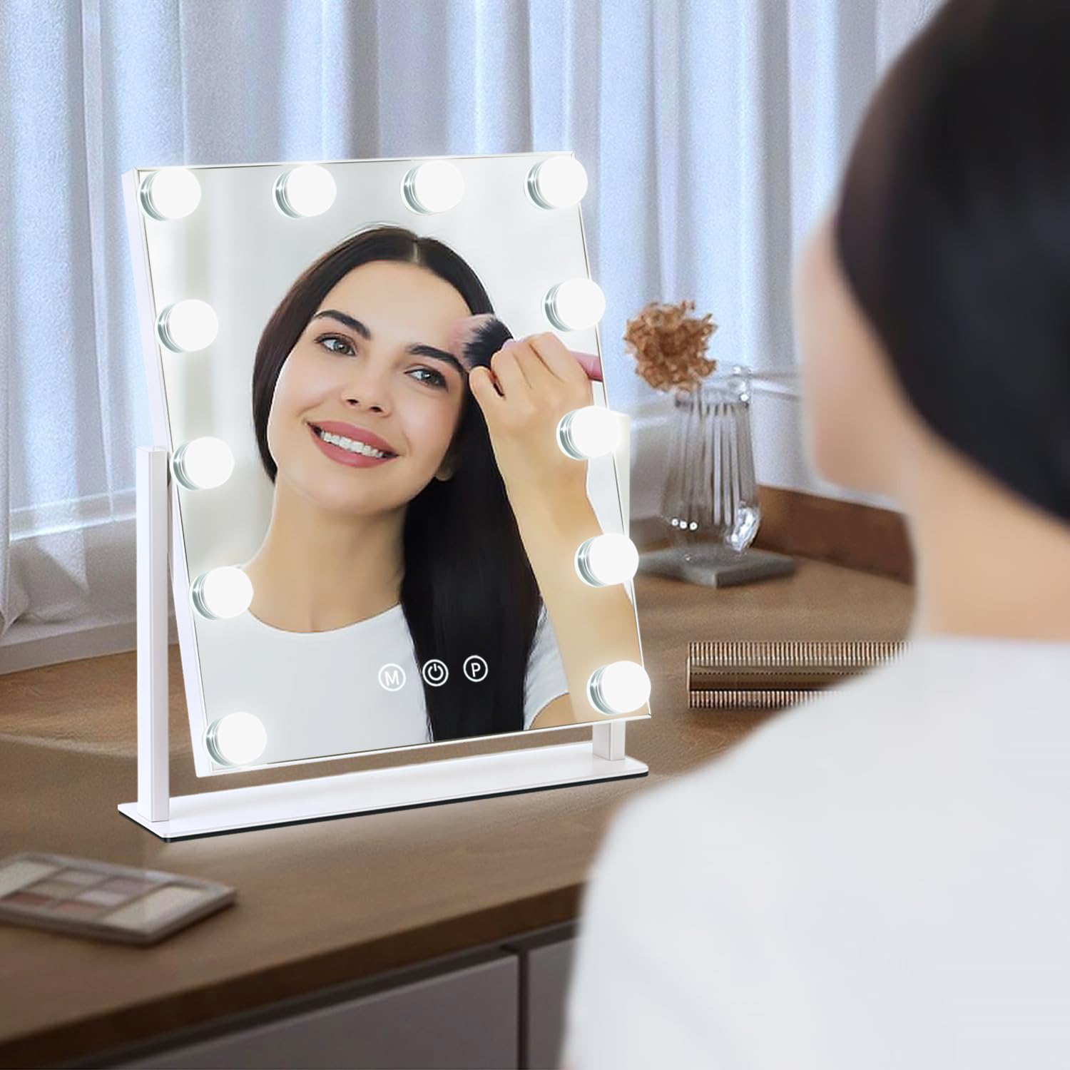 Espejo de maquillaje con luces, 25,4 x 30,5 cm, con 12 lámparas regulables, espejo de maquillaje, 3 modos de color, control táctil inteligente, rotación de 360 ° para baño, vestidor