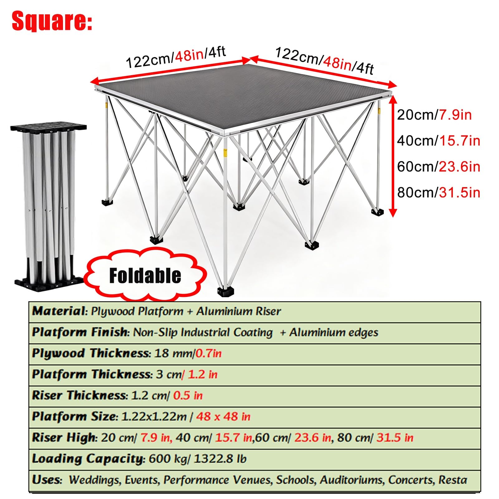 Przenośna platforma taneczna 112 x 112 cm, modułowa platforma taneczna z antypoślizgową powierzchnią, wytrzymałe aluminiowe nogi na koncerty, imprezy, wesela, szybka konfiguracja do użytku wewnątrz i