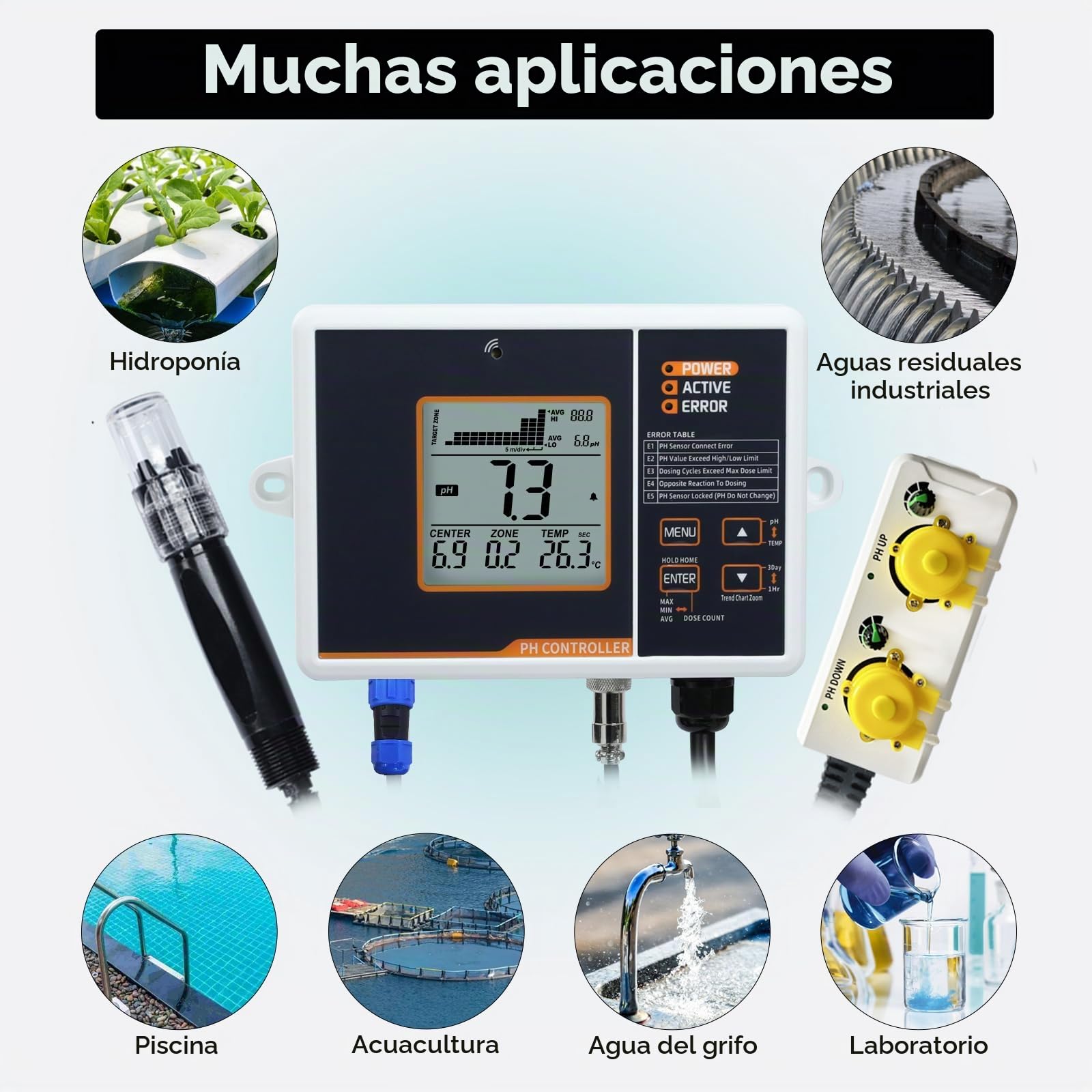 Controlador de pH con Compensación de Temperatura Rango de Control de pH Ajustable de 4.5 a 8.5 pH Doble Salida de Relé Operación Fácil de Conectar y Usar Medición de pH para Acuarios,Hidroponía