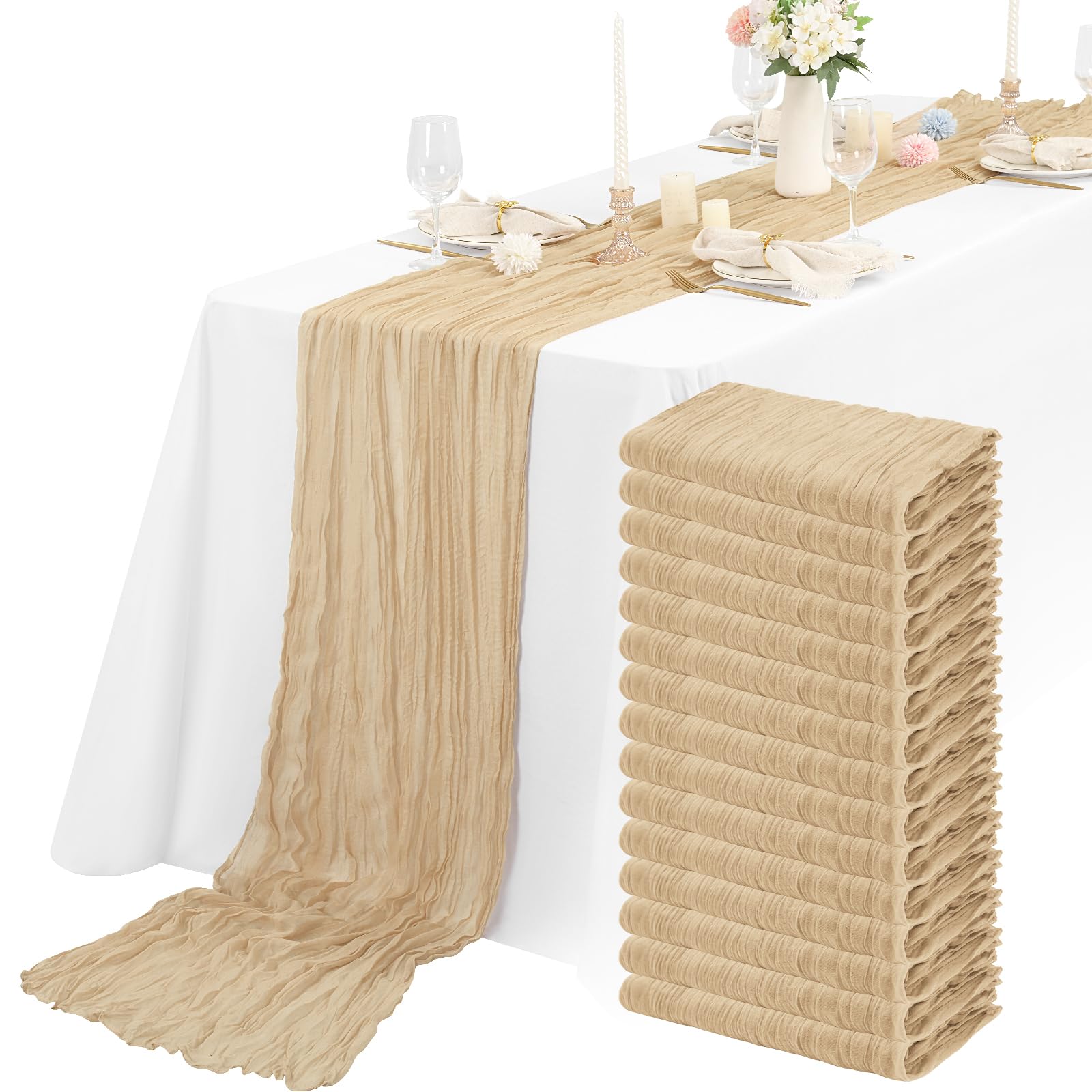 Teruntrue Bieżnik na stół, 15 sztuk, beżowy, obrus, jasnobrązowy, półprzezroczysty, tiulowy, 55 x 400 cm, rustykalny materiał z gazy, bieżnik na stół na wesele, przyjęcie dla panny młodej, dekoracja
