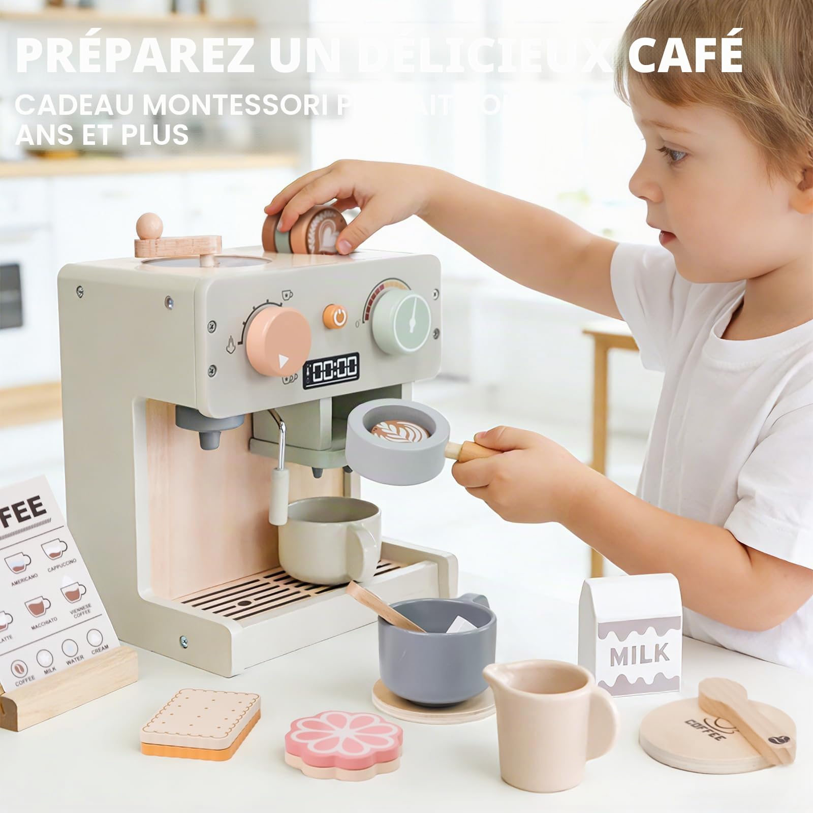 Cafetière en Bois Cuisine en Bois Enfant, Jouet Éducatif Éveil Montessori,Jeu de Rôle Jouet en Bois Cadeaux d'anniversaire,Noël pour Garçons Filles