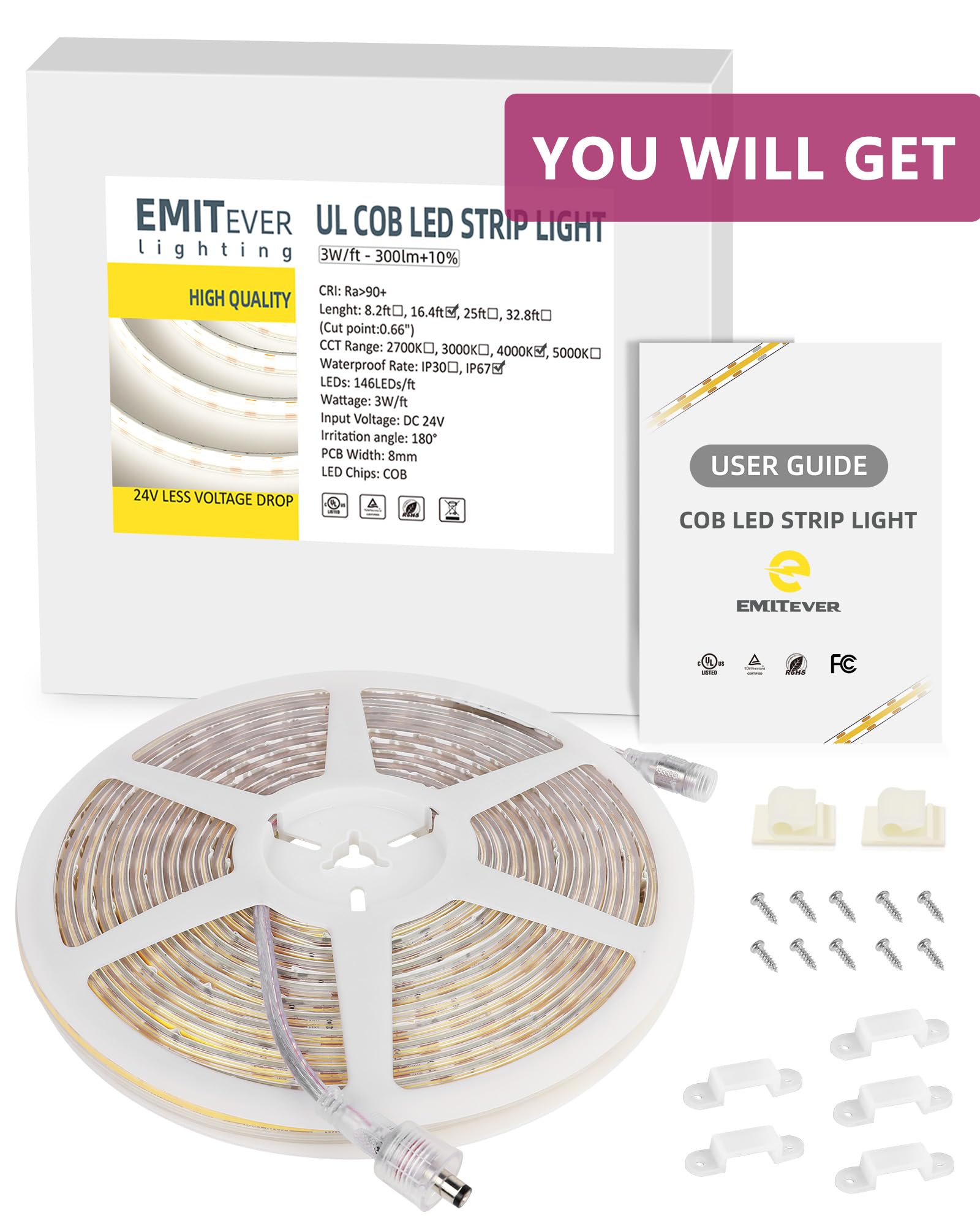 EMITEVER Tira LED COB Impermeable IP67 4000K Blanco Neutro Exterior 24V Regulable Silicona Alta Densidad 300+ Lm/m 2400LED 3W/FT