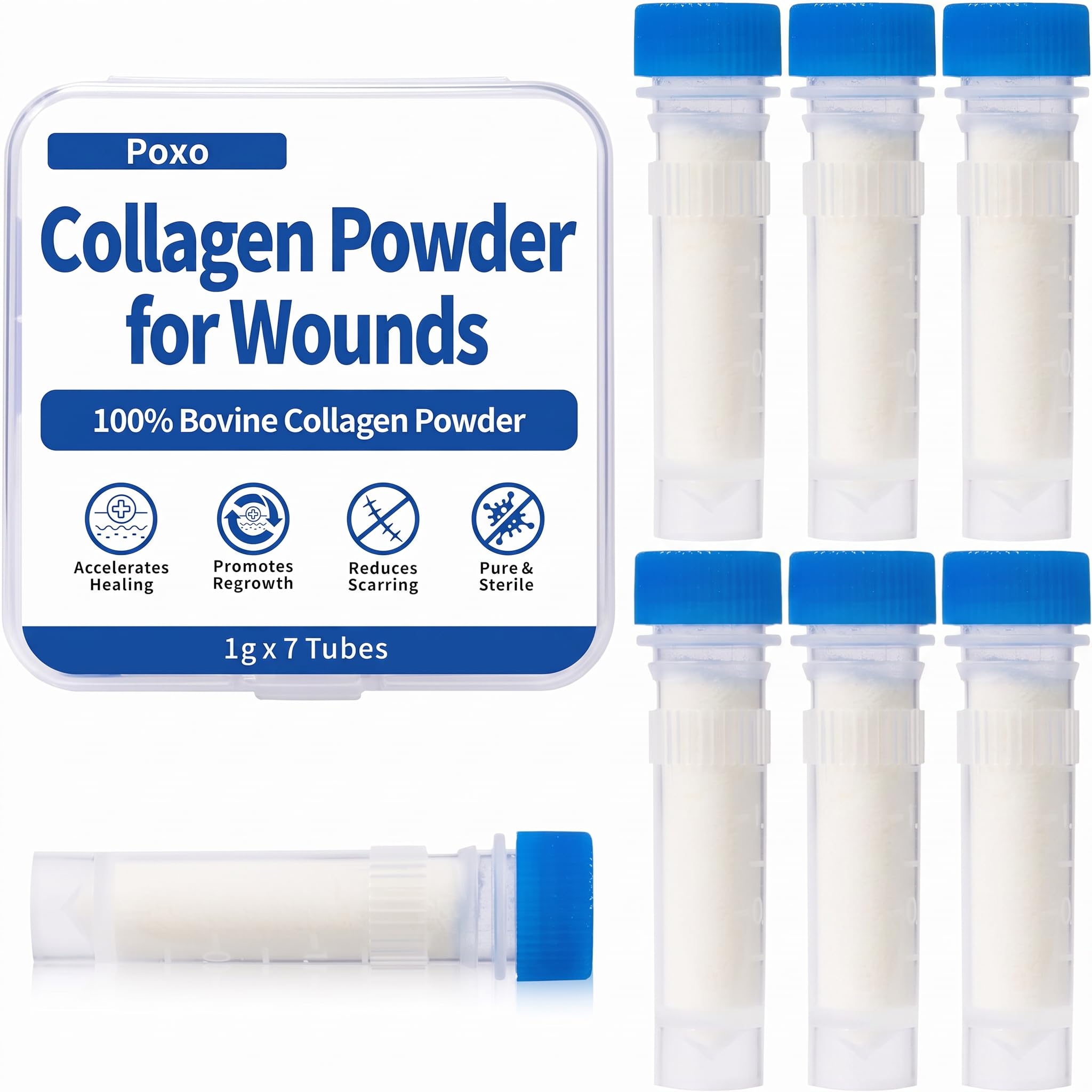 Poxo Collagen Powder for Wounds – 100% Bovine Collagen Powder for Tissue Regeneration, Accelerates Healing, Reduces Scarring, 7 Tubes x 1g