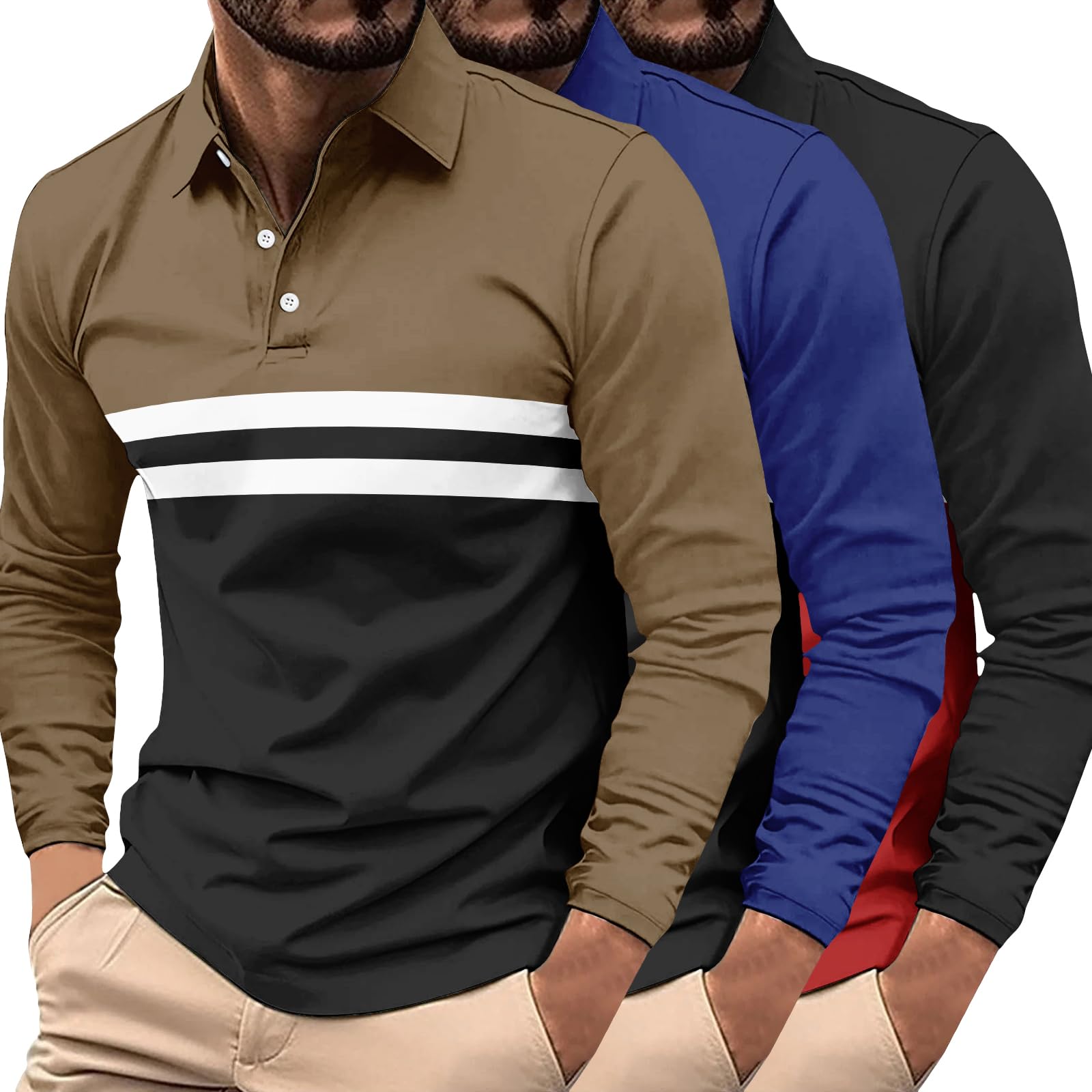 Pack de 3/5 Polos Homme Uni à Rayures Manches Longues Respirant à Séchage Rapide pour Golf/Course/Salle de Sport - Haute Performance