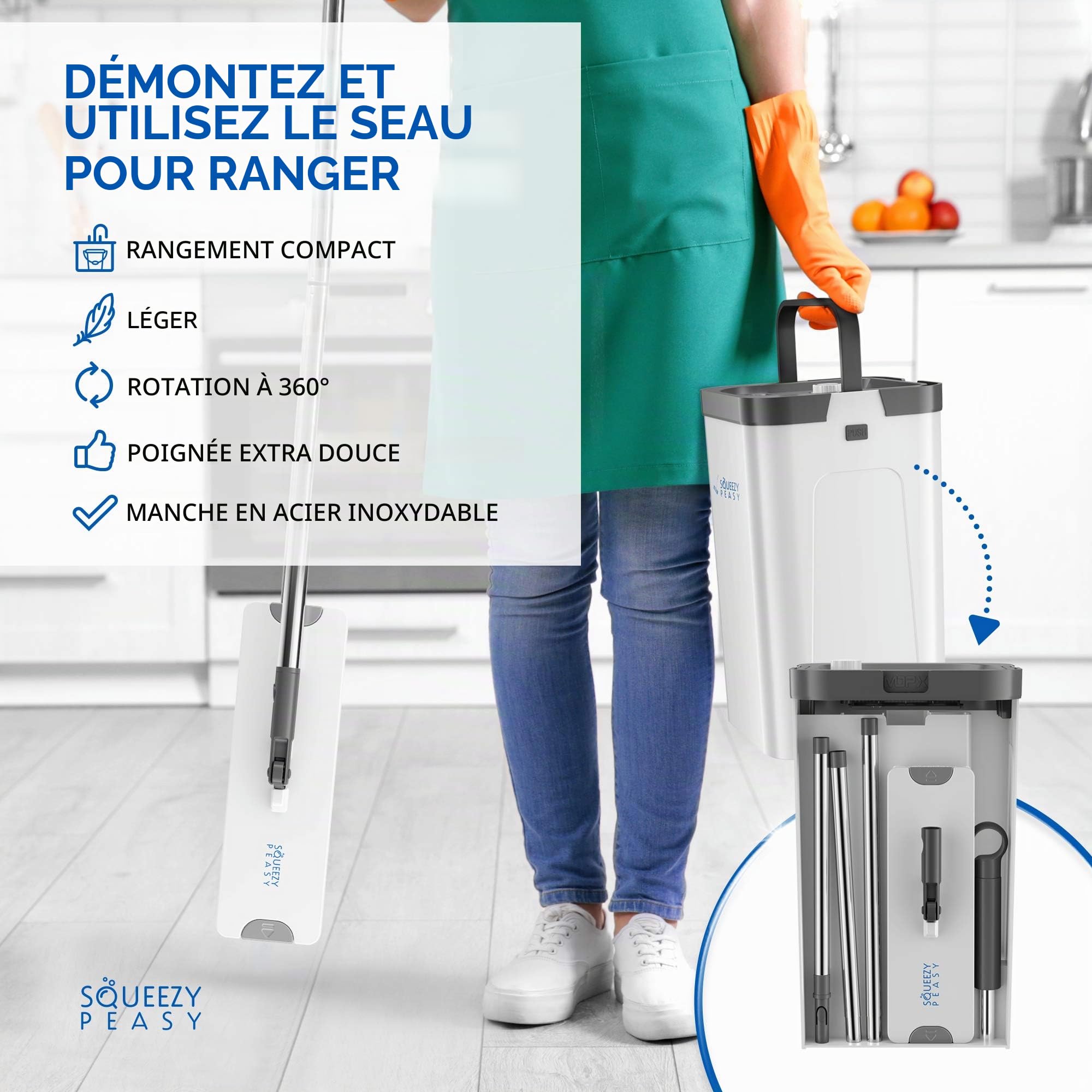 SqueezyPeasy Ensemble balai plat et seau de qualité supérieure – Séparent l'eau propre et sale – Compact et léger – Système de nettoyage du sol à 3 chambres – Tête rotative à 360° – 5 serpillères