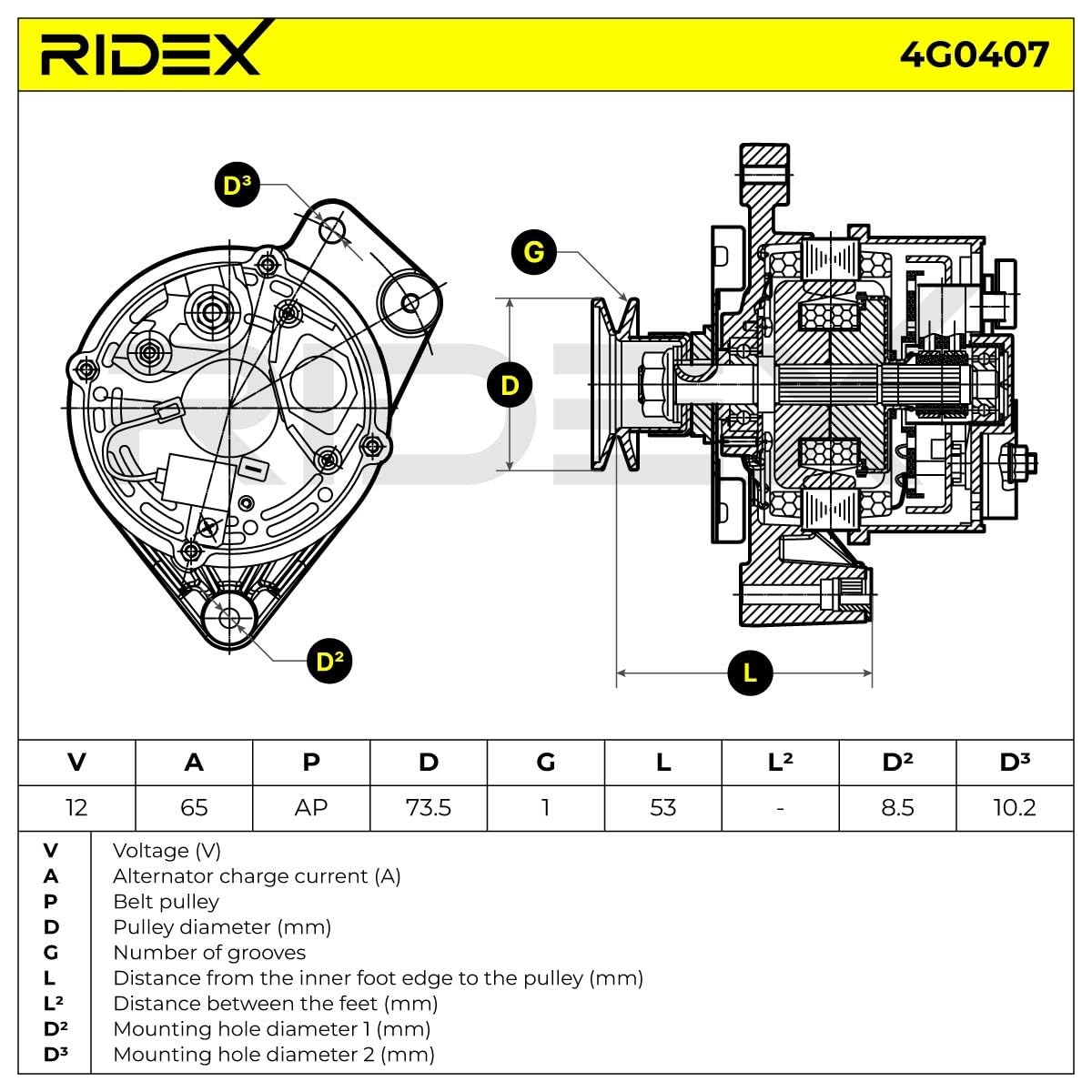 Alternator Generator RIDEX 4G0407 65A 12V Kompatybilny z VW Jetta Mk1 16 LT 28-35 I Van 281-363 LT 28-35 I Burtowy Ciężarówka/Podwozie 281-363 SANTANA 32B Transporter T3 platforma/podwozie