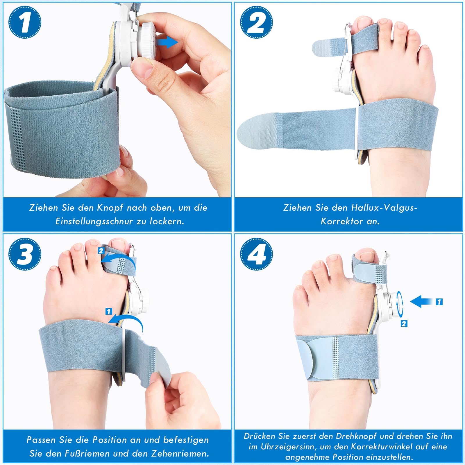 Hallux Valgus Korrektur Set für Damen und Herren, Verstellbarer Hallux Valgus Schiene und 2 Silikon Zehenspreizer für Daumen, Reduziert Hallux Valgus Belastung für Tag und Nacht,2 Paar