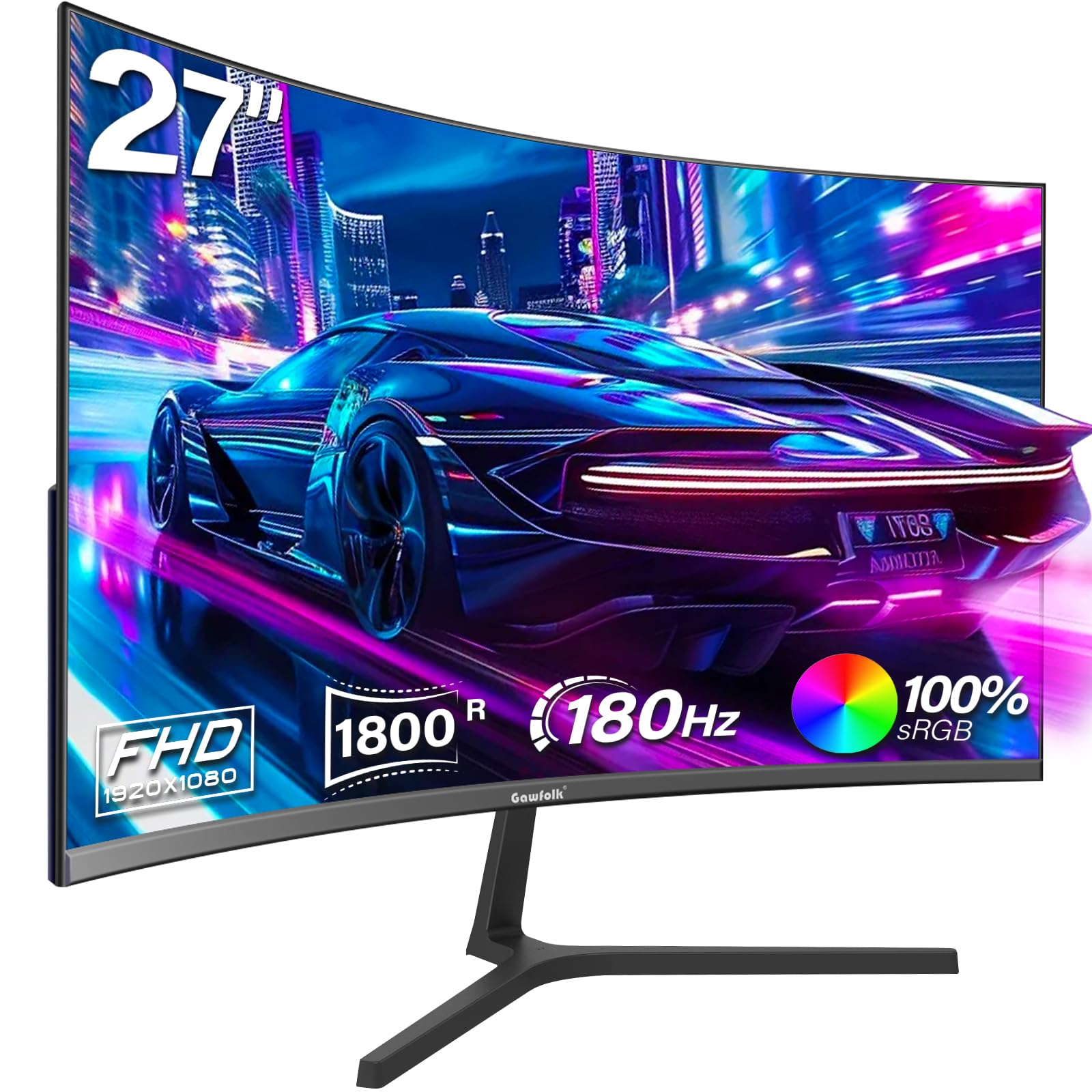 Gawfolk Curved Gaming Monitor 27 Zoll 180Hz, 165Hz PC Bildschirm Full HD 1080P, 1800R Rahmenloses Computerbildschirm mit FreeSync, unterstützt VESA