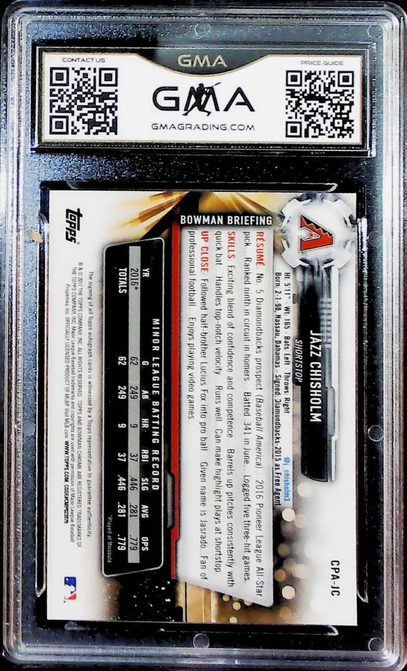2017 Bowman Chrome Prospects Autographs Baseball #CPA-JC Jazz Chisholm Auto Arizona Diamondbacks 1st Bowman Card GMA 10 GEM MINT