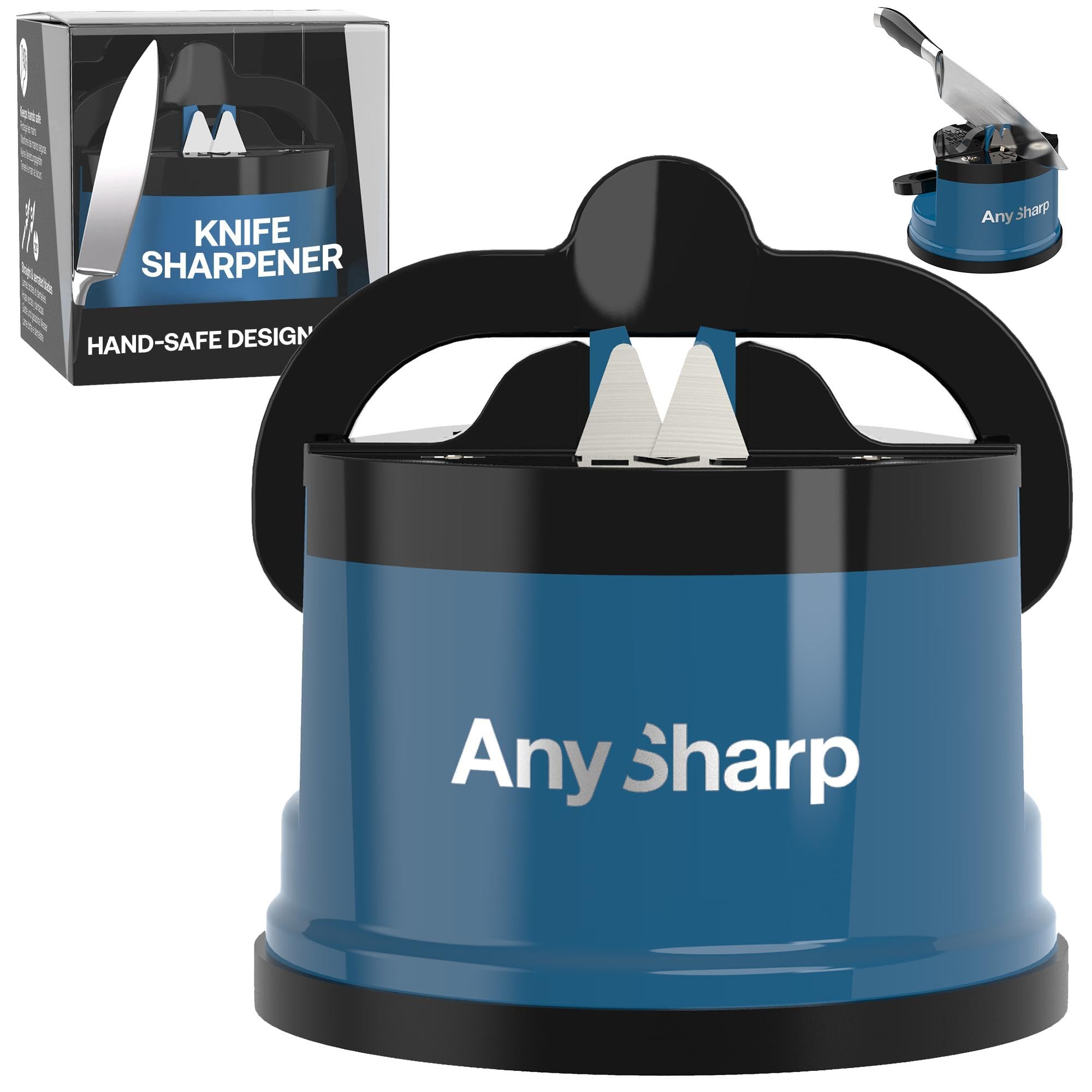 Global – Hands Free Knife Sharpener - Easy to Use Sharpening Tool with PowerGrip Suction Base and 20-Degree Pre-Set Angle - for All Knives: Chef's, Serrated, and Hardened Steel - Blue