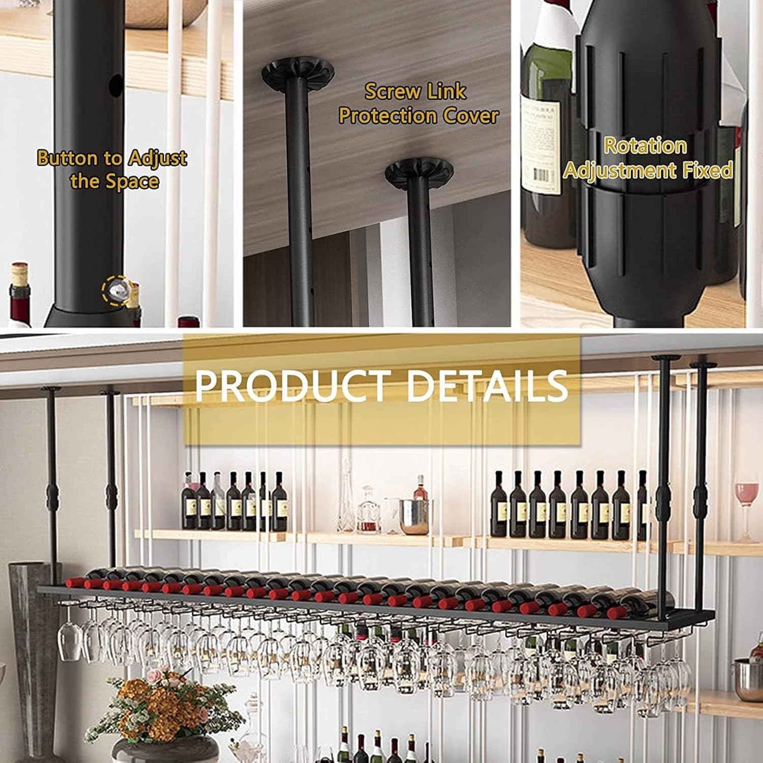 Hanging Wine Glass Holder Iron Wine Glass Holder,Ceiling Wine Rack,Wine Glass Rack,Wine Racks Wall Mounted Stem Glass Holder,Wall Mount Bottle Holder Glass Rack,for Bars Restaurant