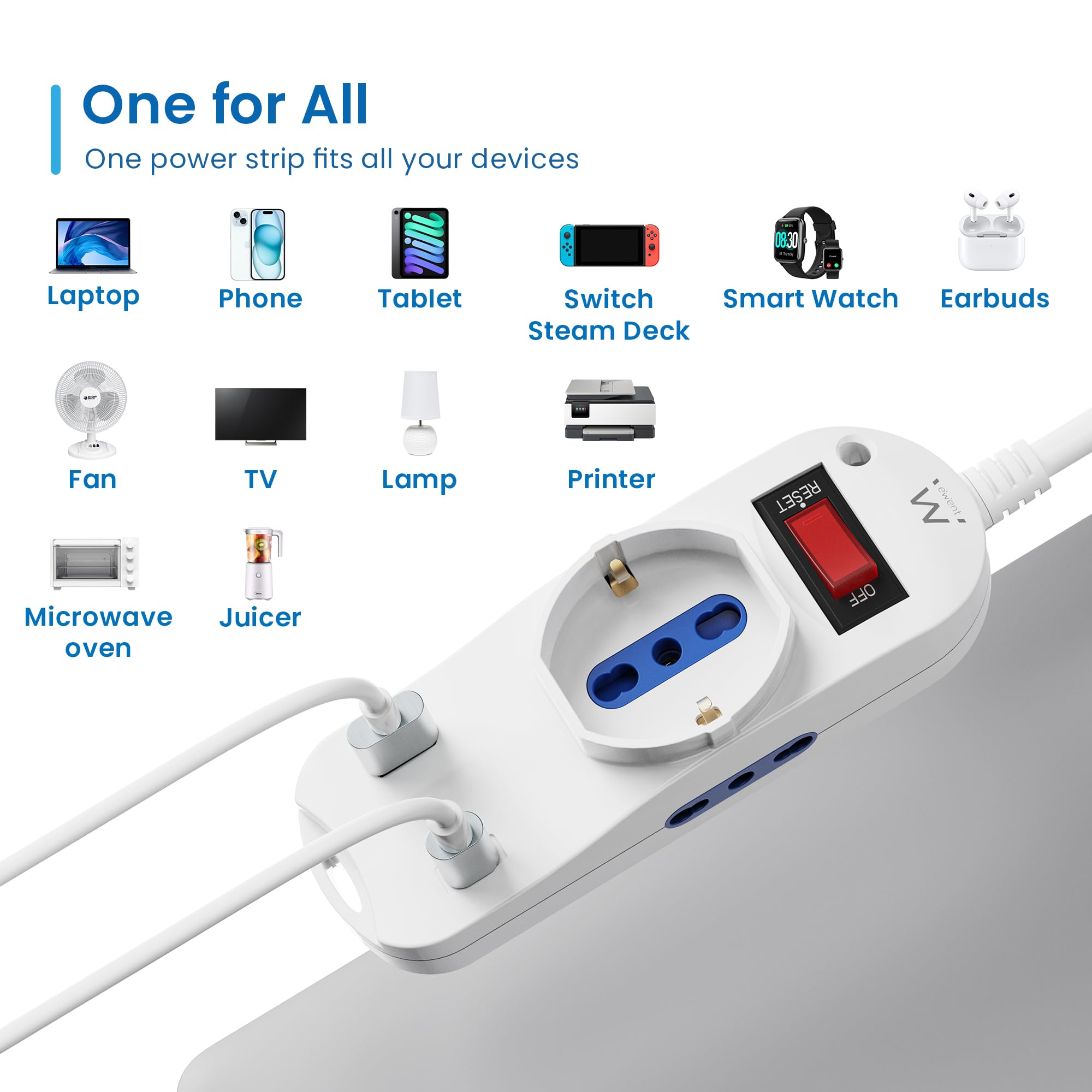 Ewent Listwa zasilająca z 3 gniazdami (2 A/Schuko) i 1 portem USB-A i 1 portem USB-C, przełącznikiem ON/OFF, 2500 W, ochrona przed przeciążeniem i dziećmi, wtyczka IT10A i kabel 1,5 m, biały