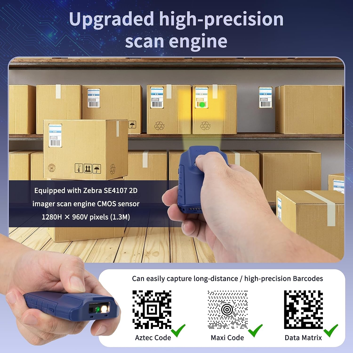 NETUM E950 Bluetooth 2D-Barcode-Scanner, 3-in-1 Kleiner Tragbarer QR-Barcode-Leser, Automatischer Kabelloser Pistolen-Scan-Rückenclip, Funktioniert mit Tablet iOS Android Windows MacOS