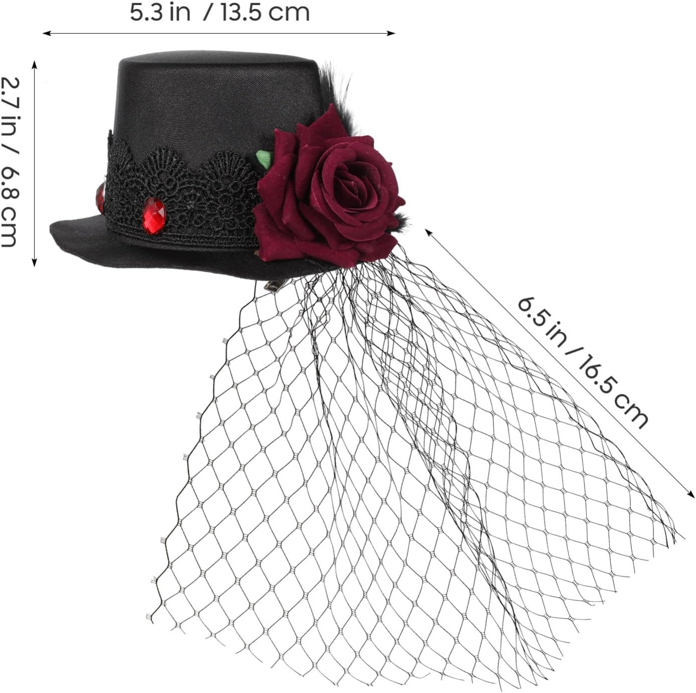 Retro Mini Top Hat with Red Rose - Veil Satin Fascinator Hair Clip for Vintage Halloween Costume & Party Hair Accessory - Image 2