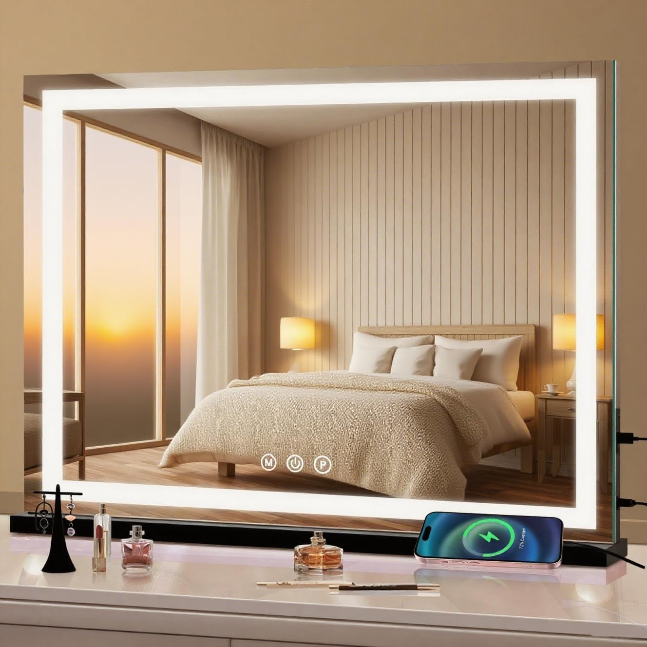 Large Lighted Vanity Mirror, 23" x 19" Light Up Make up Mirror with Smart Touch 3 Colors Dimmable, Tabletop or Wall-Mounted, Memory Function