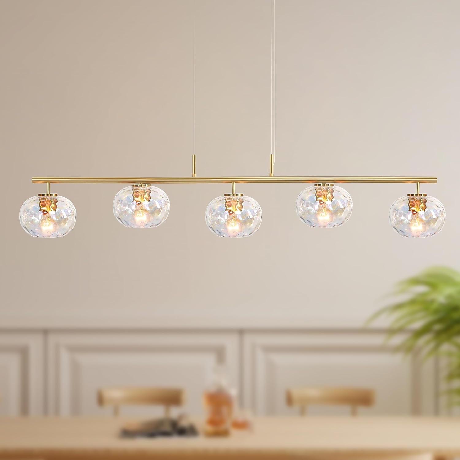 47" W Brass Chandelier Light Fixture with Stained Glass Shade, Modern Brushed Gold Island Lighting for Kitchen Dining Room 42" - 5-Light Kitchen Island Light