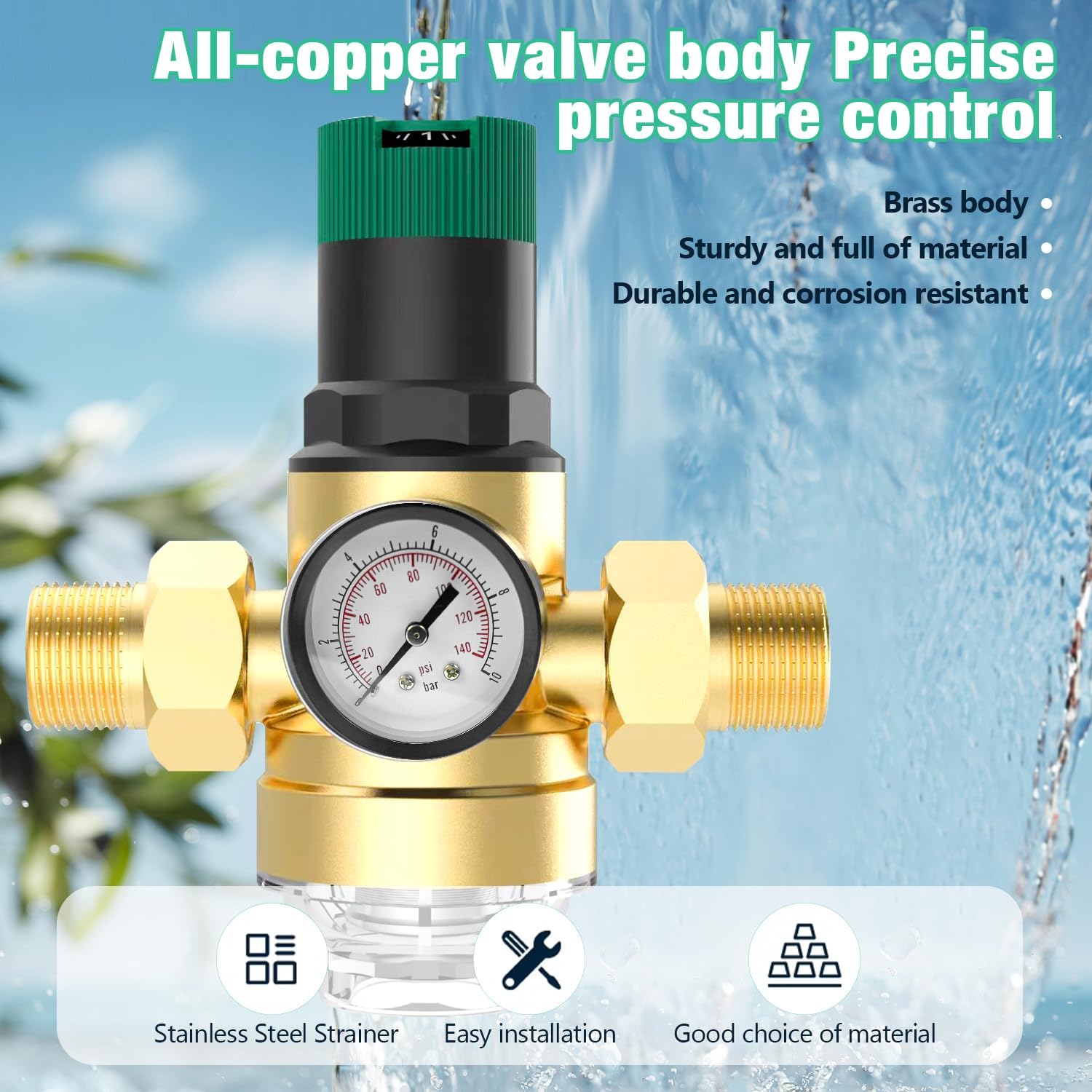 1 Pouce Reducteur de Pression Eau, Reducteur de Pression Avec Manometre Pression Eau Et Filtre à Mailles, RéDucteur de Pression D'Eau En pour Robinets D'Irrigation de Jardin de Chauffage au Gaz