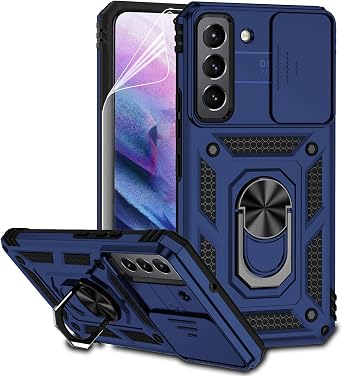 for Samsung Galaxy S22 Case with Camera Lens Cover HD Screen Protector, Dual Layer Military-Grade Drop Tested Magnetic Ring Holder Kickstand Protective Phone Case for Samsung Galaxy S22 5G Navy Blue