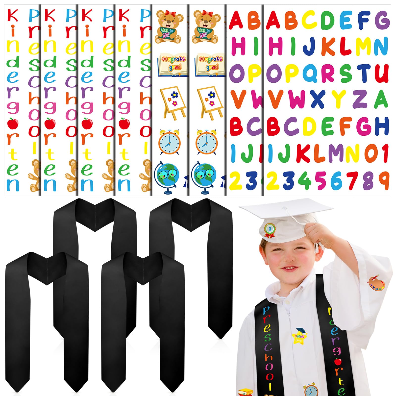 Jetec 4 Sets 2026 Kids Preschool Graduation Stoles Kindergarten Graduation Sash with Iron on Letters for Gown Cap DIY
