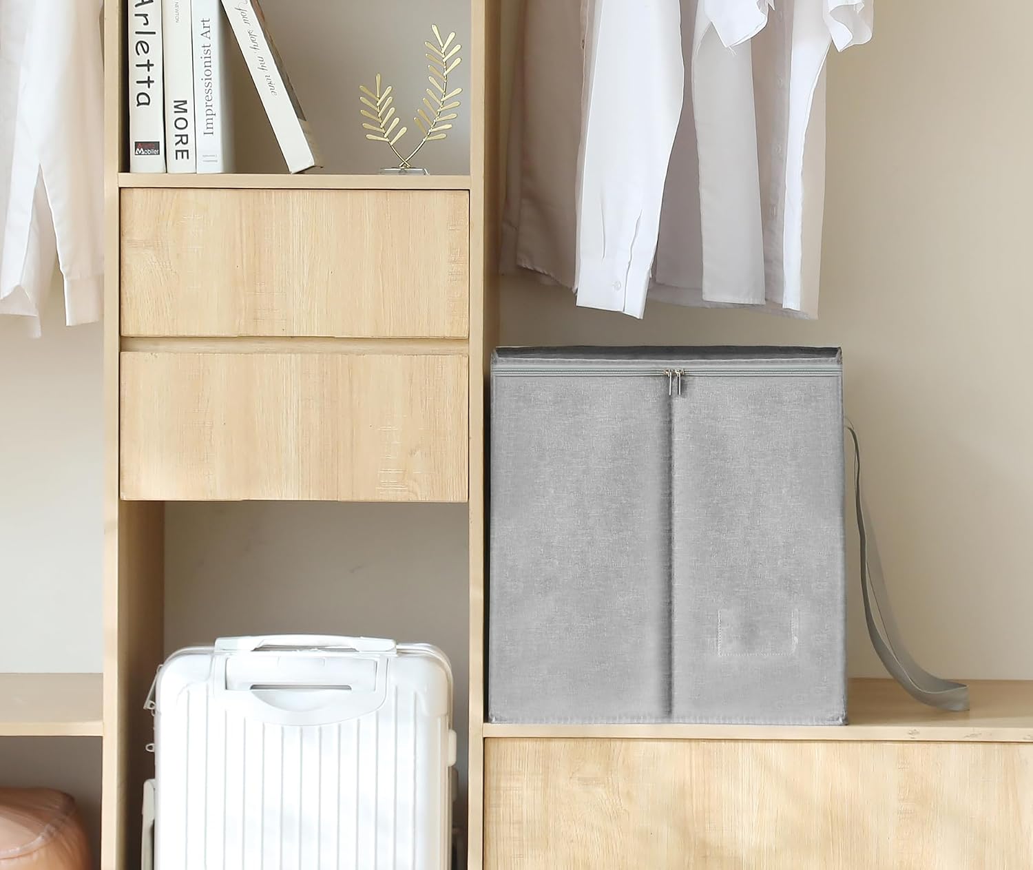 Qozary Clothes Hanger Organizer Bag-Rigid Hanger Storage Containers with Lid for Dustproof, Large Hanger Holder, Sturdy Caddy Organizer Box with Handle (Gray, Large Height 17 in for Wooden Hangers)