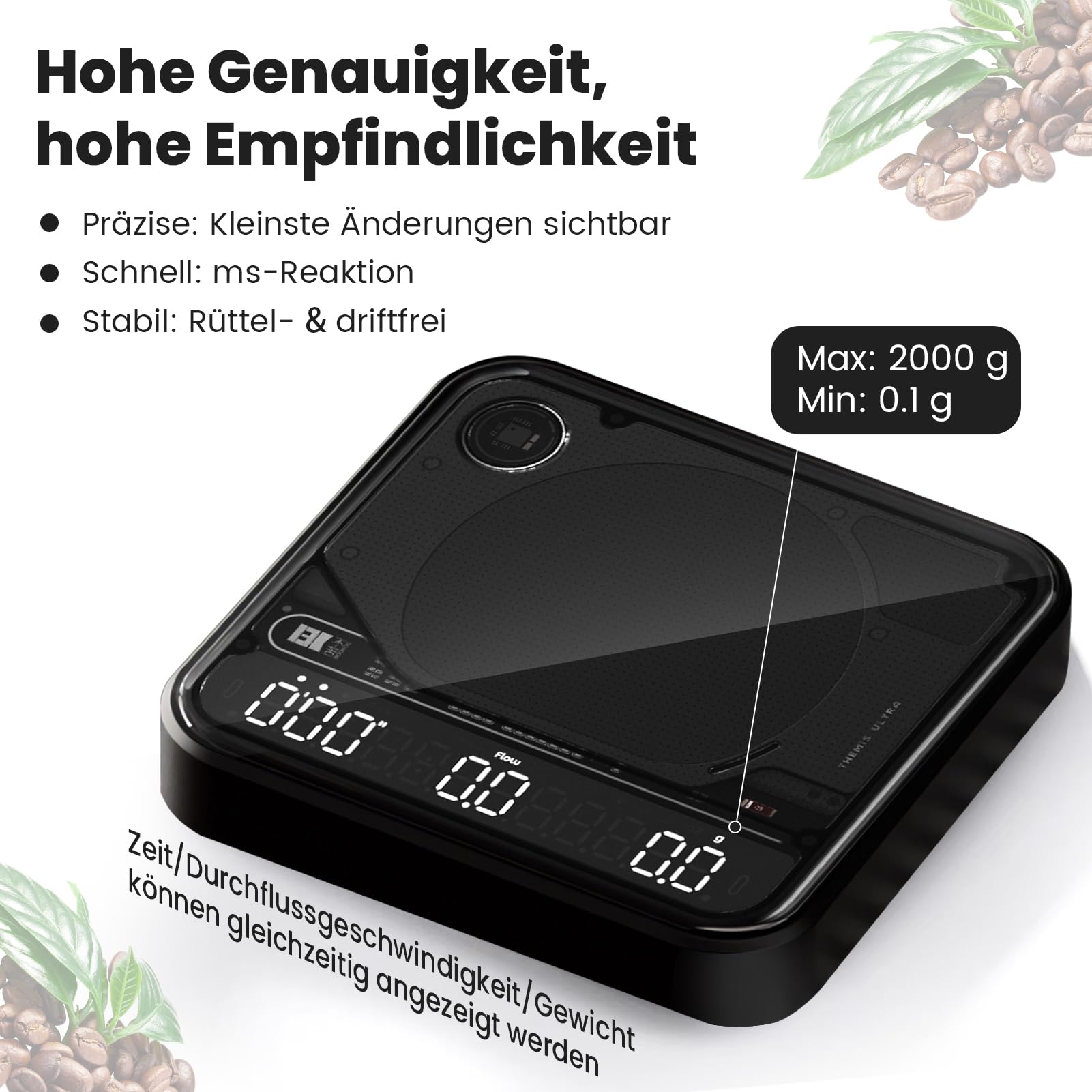 BOOKOO Kaffeewaage mit Timer, 0,1 g hochpräzise Espresso Waage, 2 kg, 4 Modi, Bluetooth-App & Flow Rate, IP67 wasserdicht, Akku bis zu 72h (2000mAh), USB wiederaufladbar, für Espresso & Pour Over