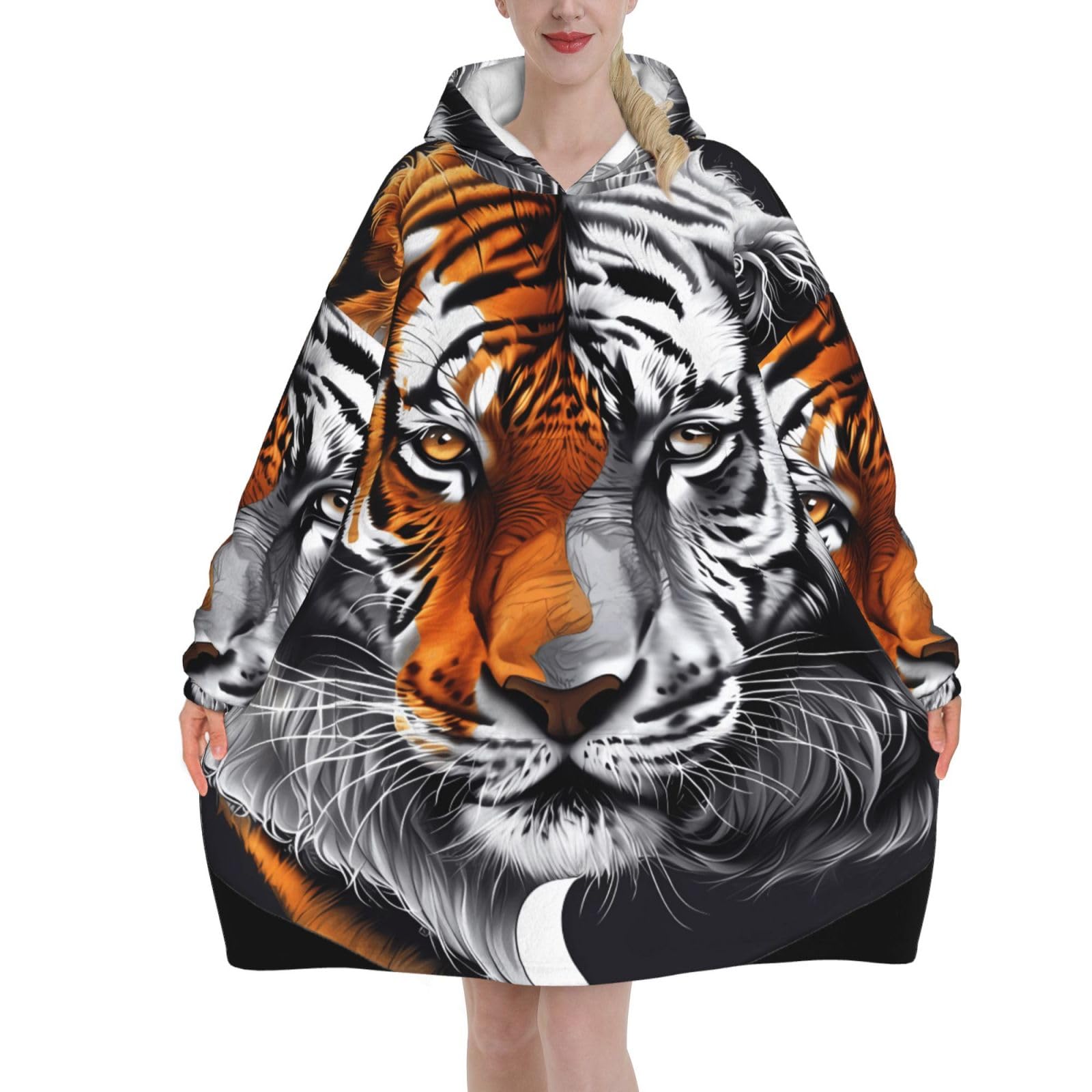 Peiyeety Unisex Yin And Yang Tiger Head Blanket Hoodies For Women And Men Adult Oversize Wearable Blanket Hoodies For Soft And Warm