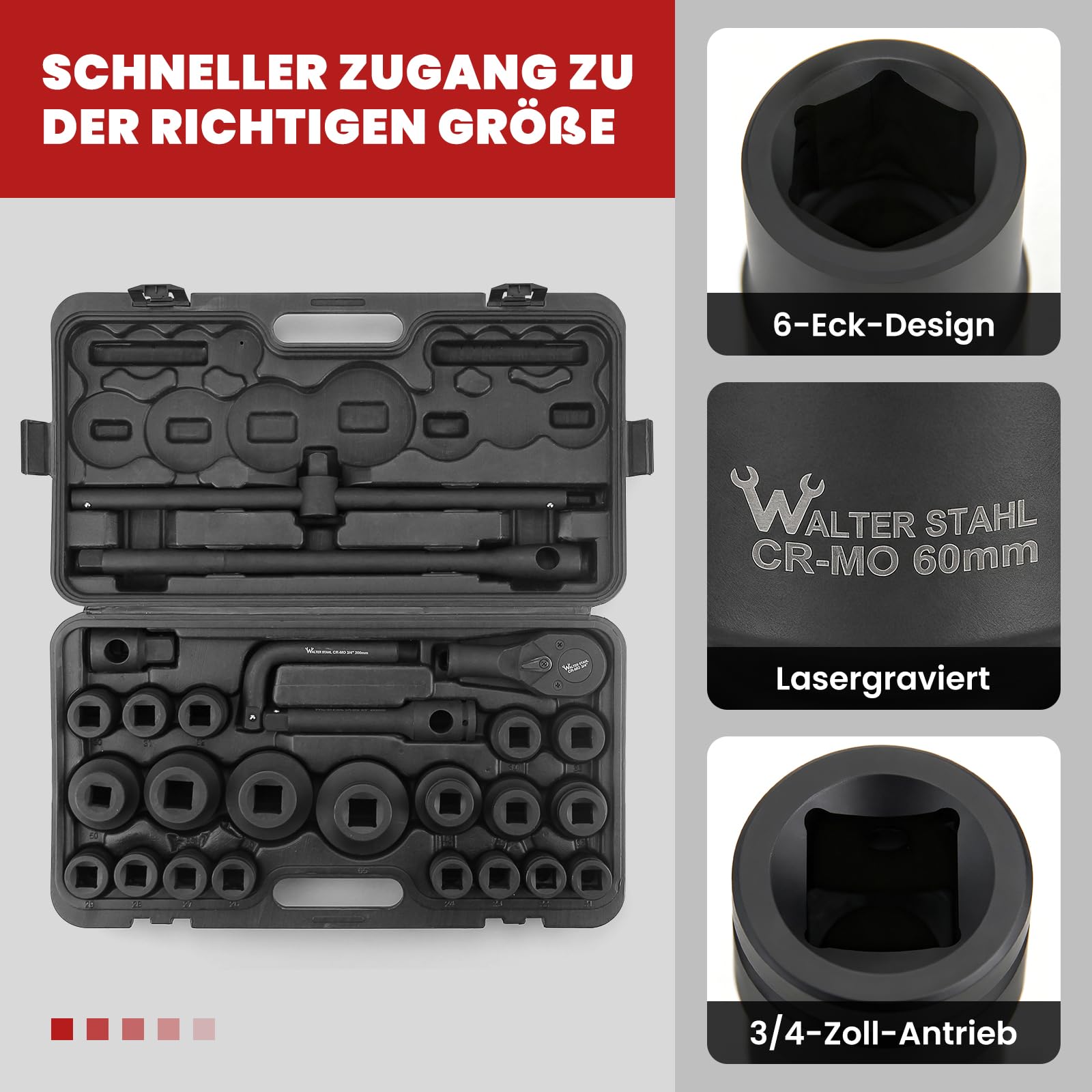 WALTER ACCIAIO Set di 26 cacciaviti a percussione, dadi da 3/4", adattatore per bussola, dimensioni metriche standard (21-65 mm) | Set di chiavi a bussola in acciaio Cr-V