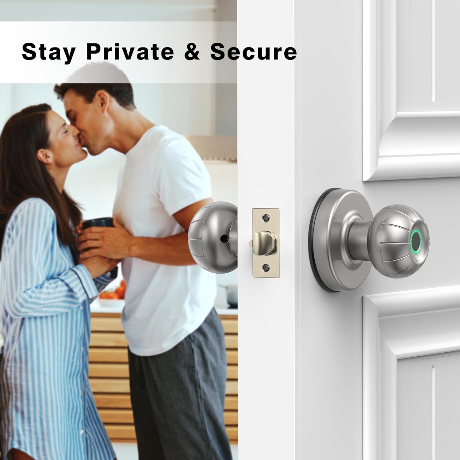 Couple in a home setting, illustrating privacy and security with the smart door knob