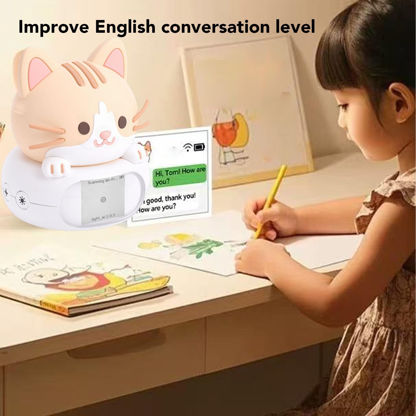 Robot compañero de escritorio con IA, bonita luz nocturna con modo de bloqueo para niños y soporte WiFi, para habitación de los niños, mesita de noche, estudio en casa (gato)