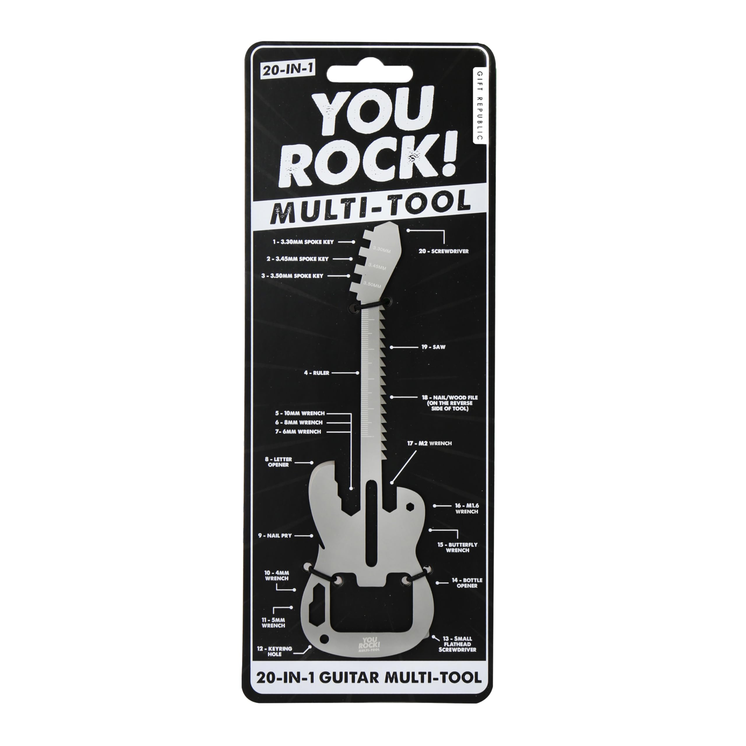 Gift Republic You Rock 20-in-1 Guitar Shaped Multi Tool for Music Lovers Portable Gadget with Wrenches Screwdrivers Bottle Opener Nail File and More Compact Gift for Guitarists and DIY Fans