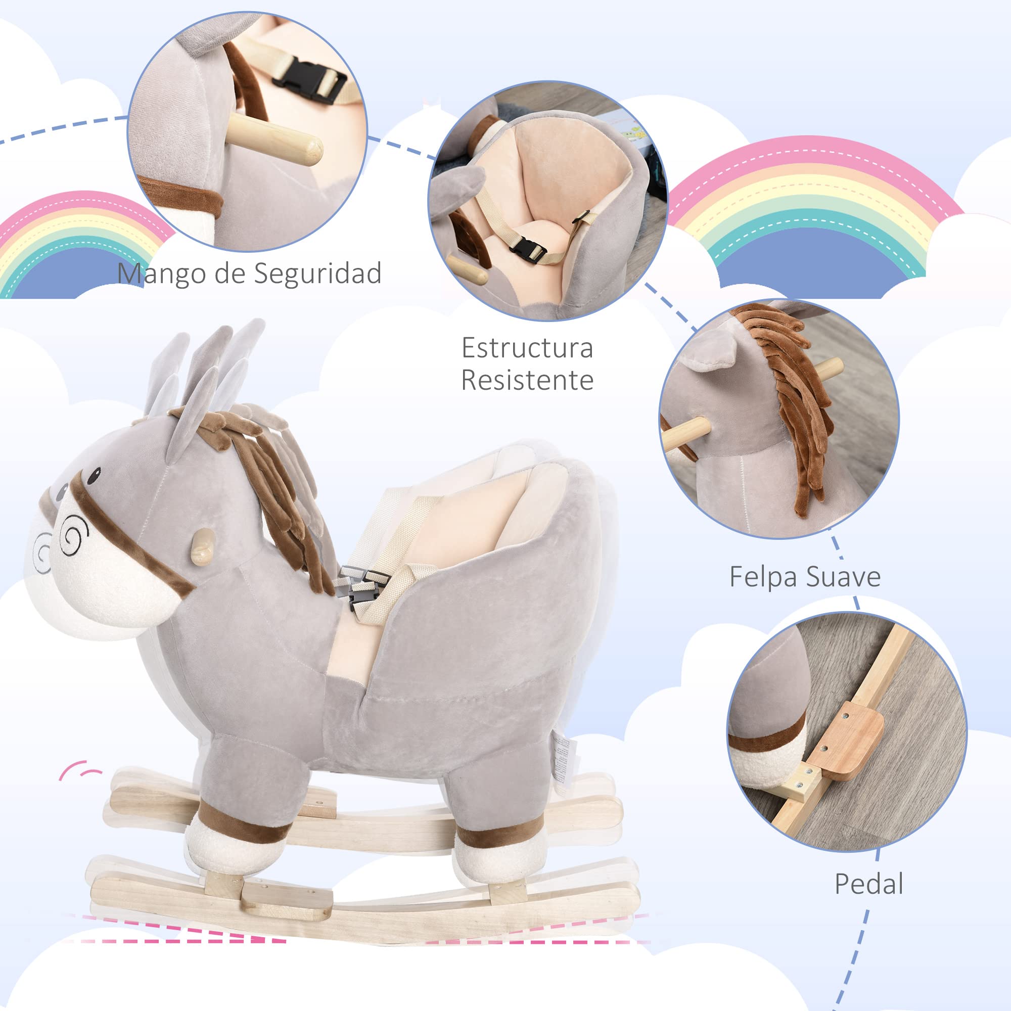 HOMCOM Caballito de Balancín en Forma de Asno Caballo Balancín para Bebé de +18 Meses con Manillar Cinturón de Seguridad y Reposapiés Felpa Suave 61x34x58 cm Gris