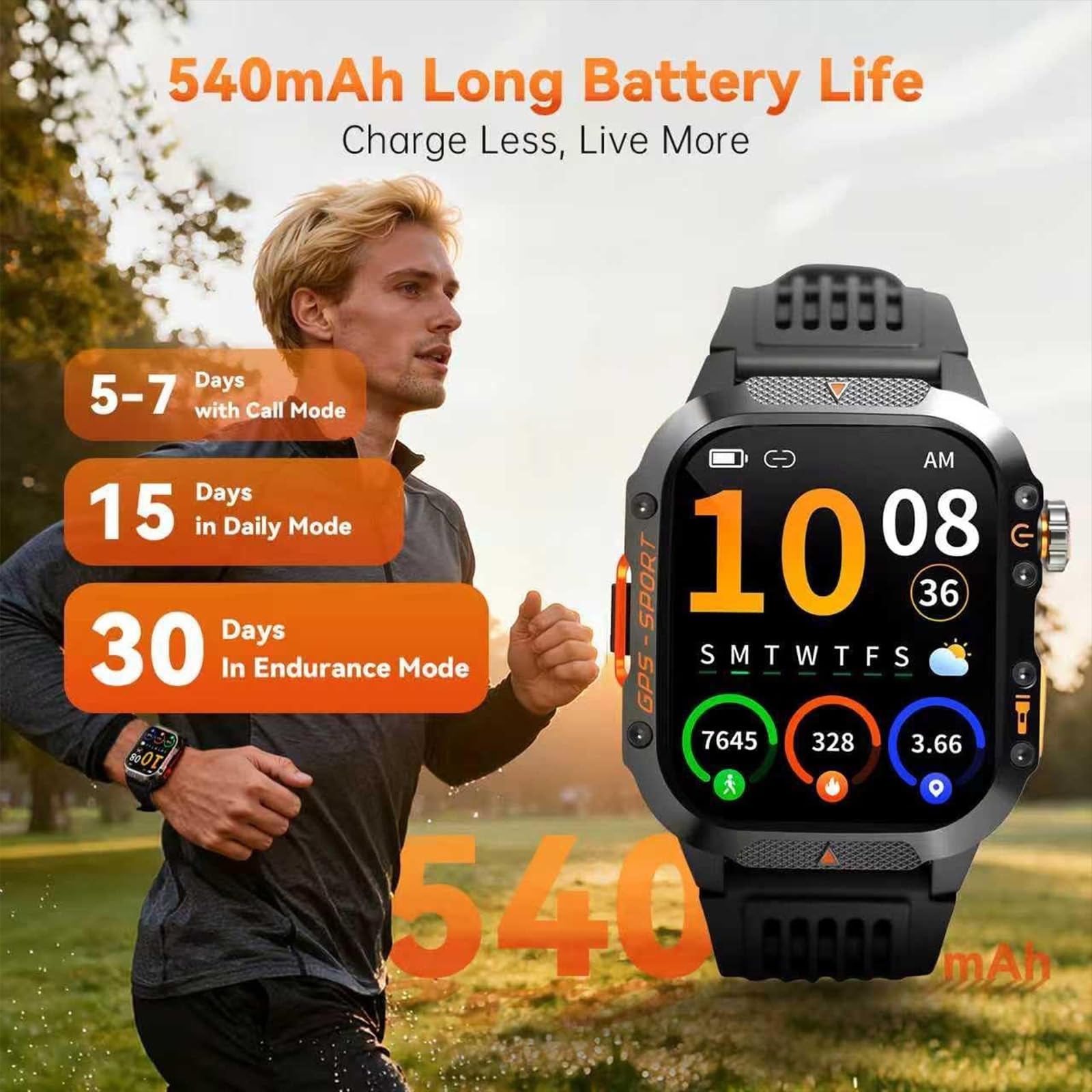 Smart watch militare con GPS integrato, smart watch tattico per iPhone/Android, oltre 100 modalità sportive con torcia, schermo da 2 pollici, Bluetooth, bussola, altimetro, frequenza cardiaca/spo2