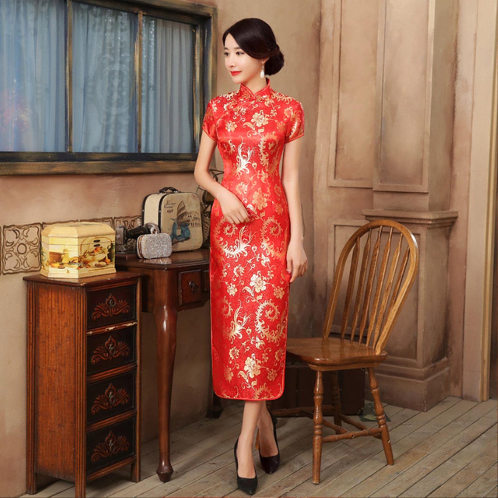chinese new year red dress Doveyaf Traditional Chinese Bride Red Wedding Xiuhe Dress, Embroidery Golden Phoenix, Dress Top and Skirt, Tang Wedding to 6XL