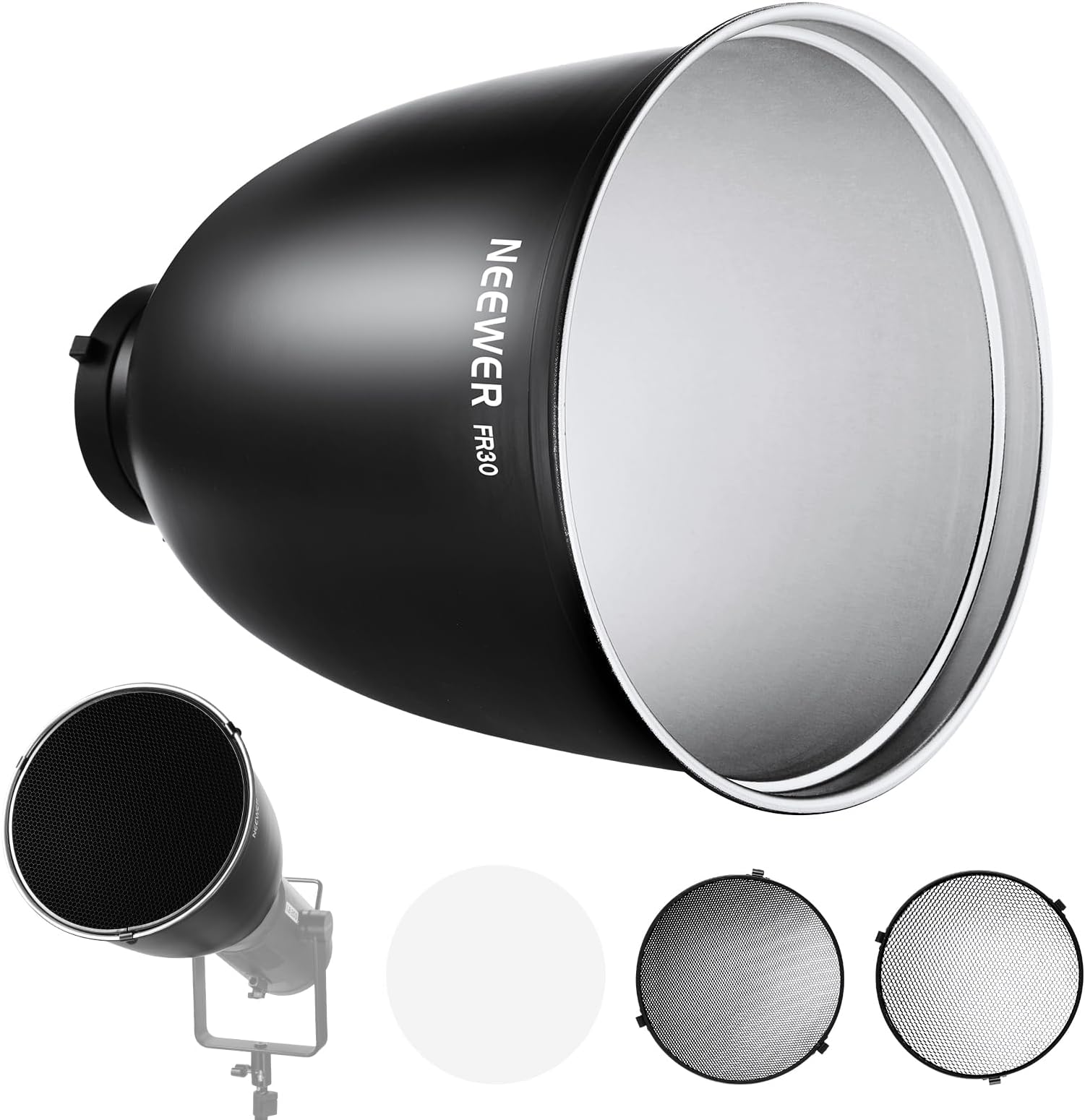 NEEWER 11.6"/29.5cm Deep Focus Reflector Bowens Mount with 15°/30° Honeycomb Grids & Soft Cloth, 45° Diffuser Lamp Shade Compatible with Godox NEEWER Studio Strobe Flash Light Speedlite, FR30