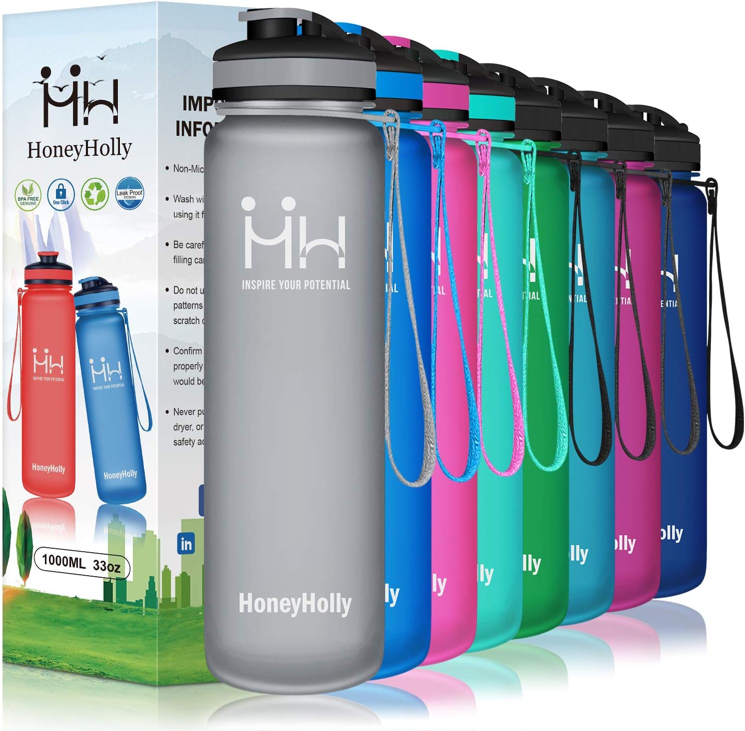 HoneyHolly Sports Water Bottles Reusable BPA Free Leakproof Bike Drinks