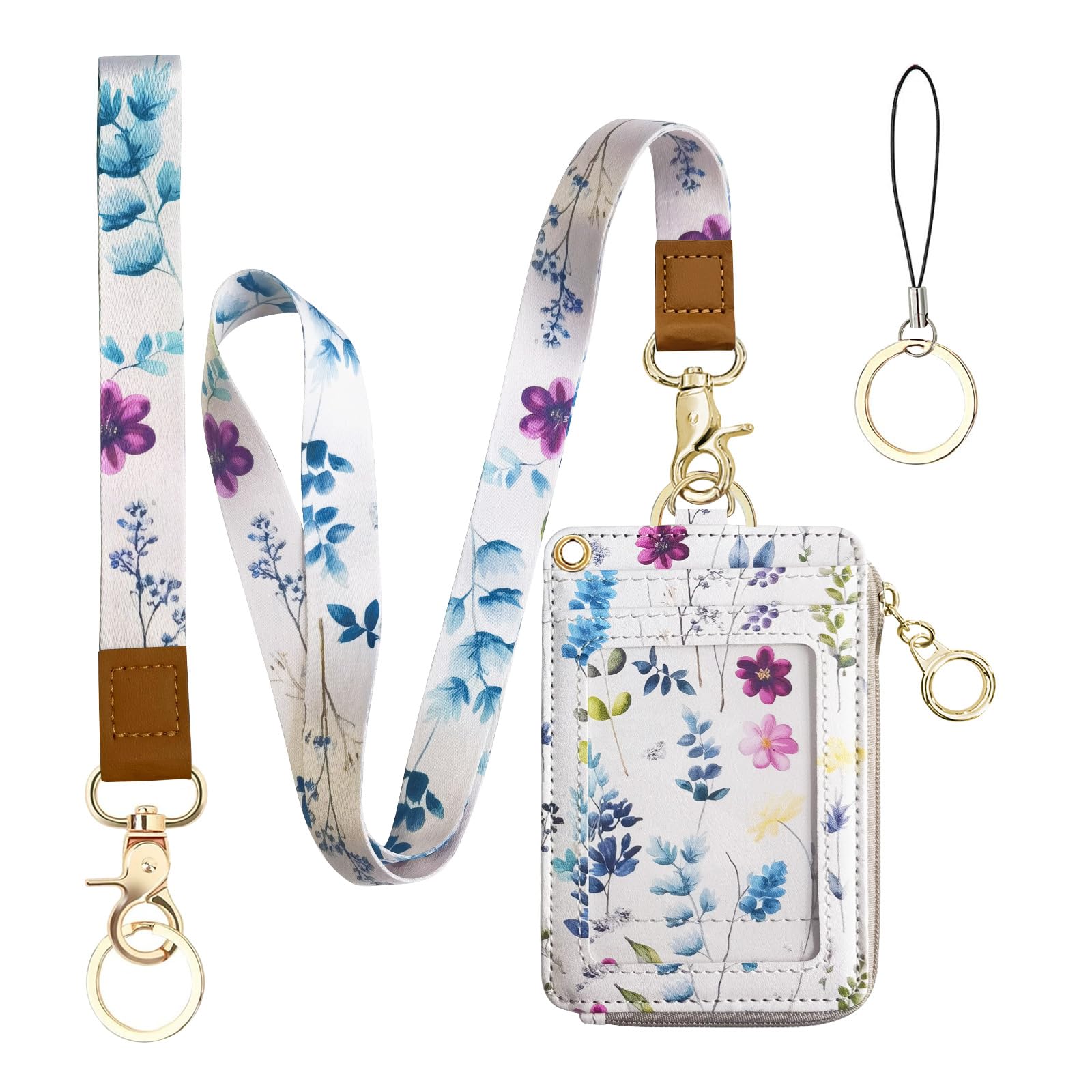 bolimoss 2-in-1 ID Badge Holder & Lanyard Wallet for Womens Cute Floral Zipper Wallet with Removable Wrist & Neck Lanyard