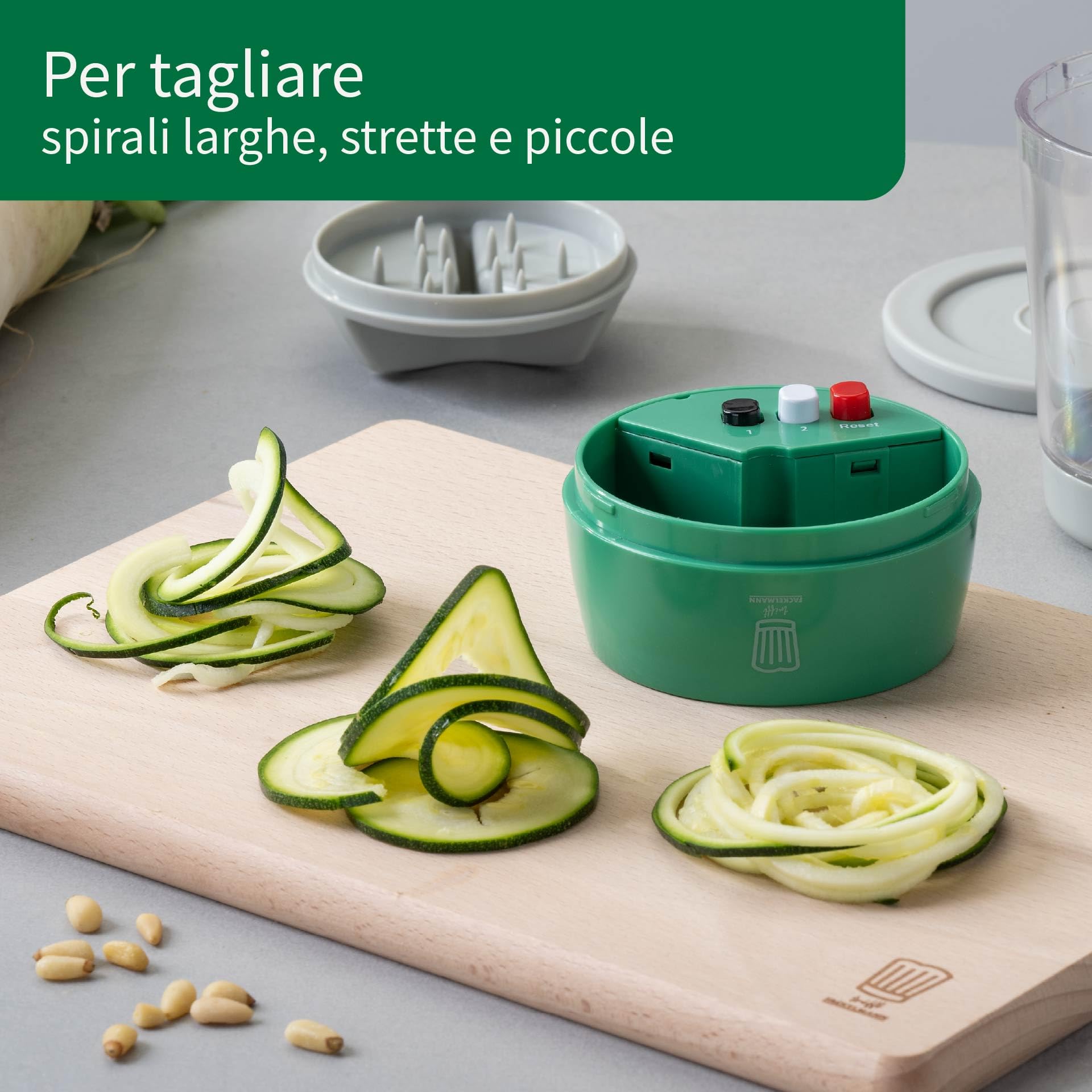 Chefkoch incontra Fackelmann Affettatrice a spirale in ABS e acciaio inox, 13 x Ø 9 cm, per spirali larghe, sottili e piccole, con coperchio e fondo rimovibile, verde/grigio