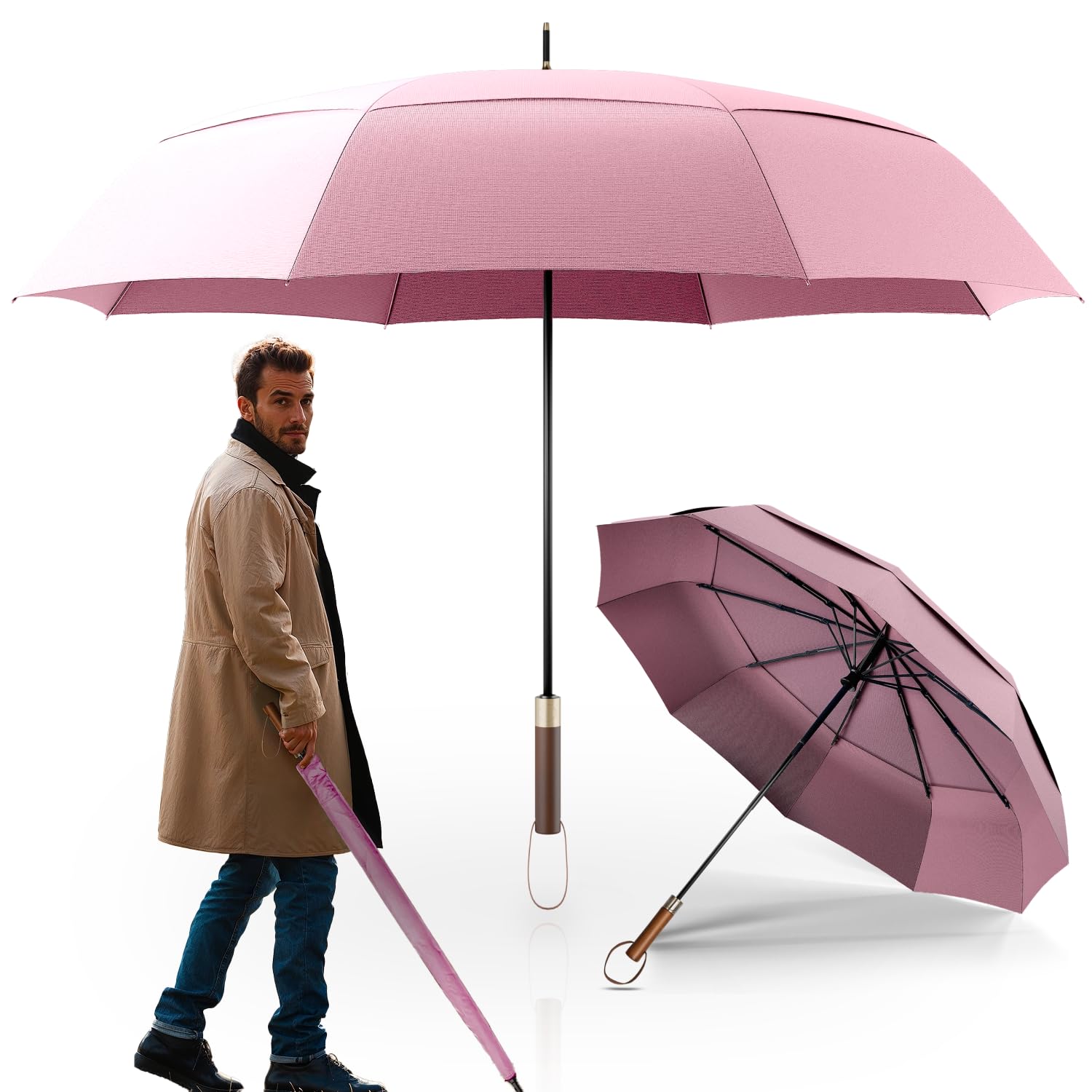 LOGAN & BARNES Stockschirm sturmfest [Ø120 cm] mit hochwertigem Echtholzgriff - XXL Regenschirm für 2 Personen - Regenschirm Groß - Modell CHICAGO