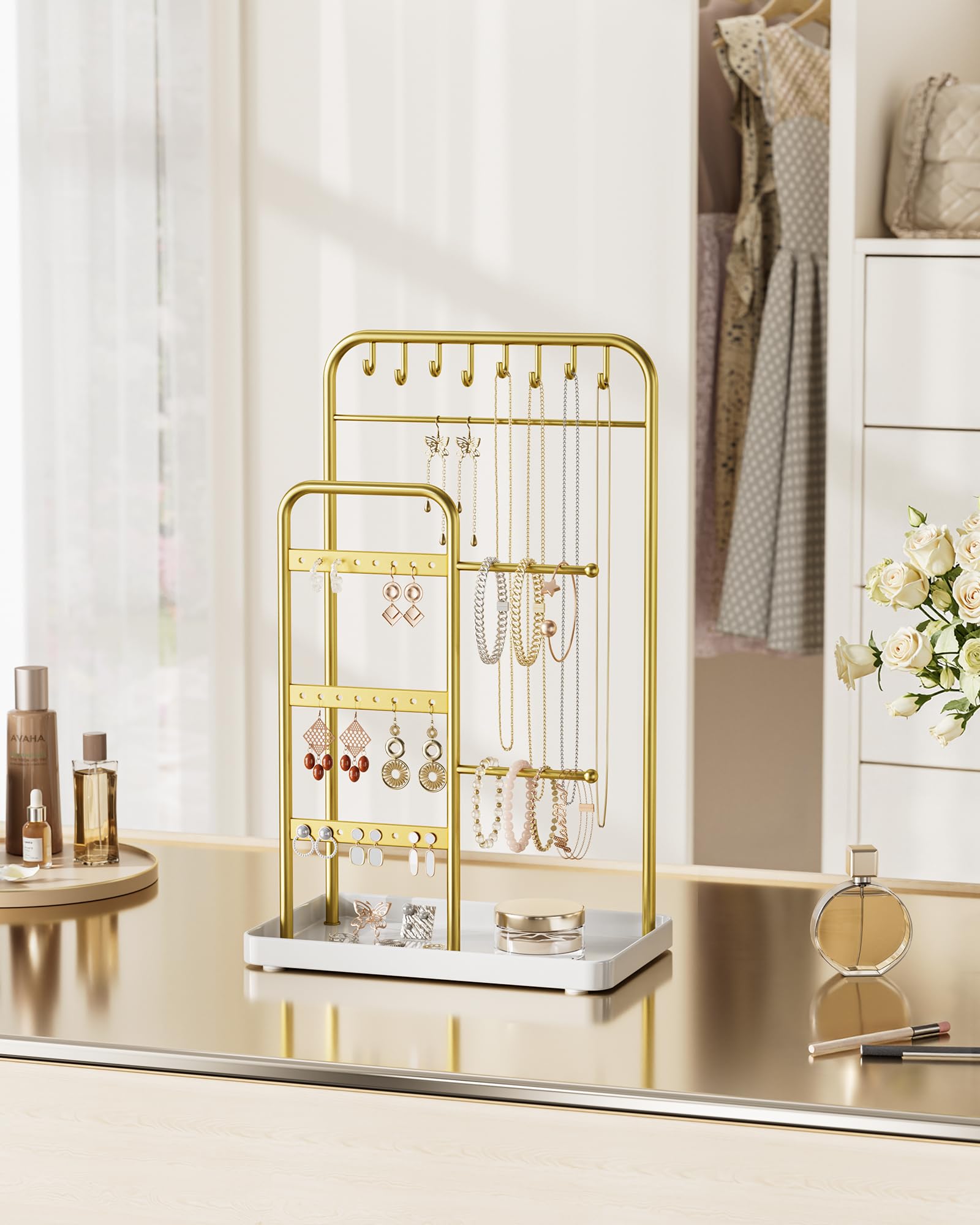 pickpiff Jewelry Holder Stand: Jewelry Display for Necklace, Bracelet, Earring, Ring, White & Gold