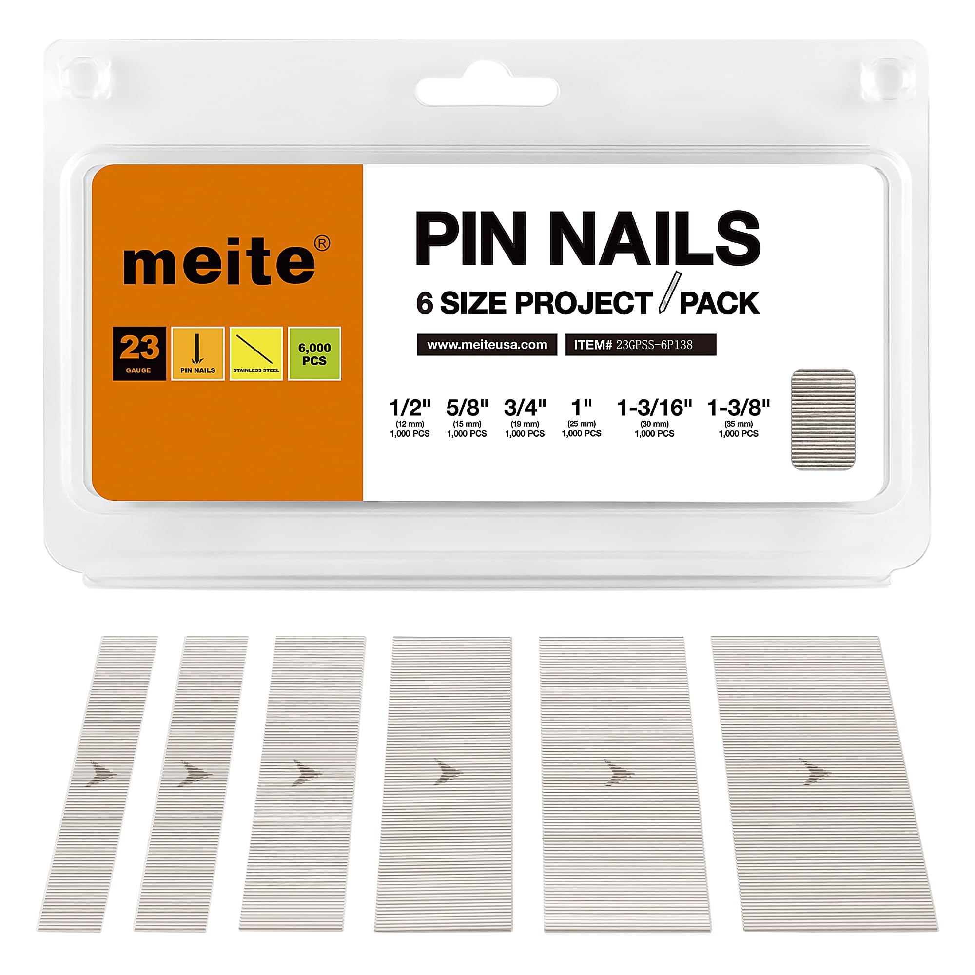 meite 23 Gauge Stainless Steel Nails, Assorted 6 Sizes (1/2", 5/8", 3/4", 1", 1-3/16", 1-3/8") 304 Stainless Steel Headless Nails - Micro 23GA Nails