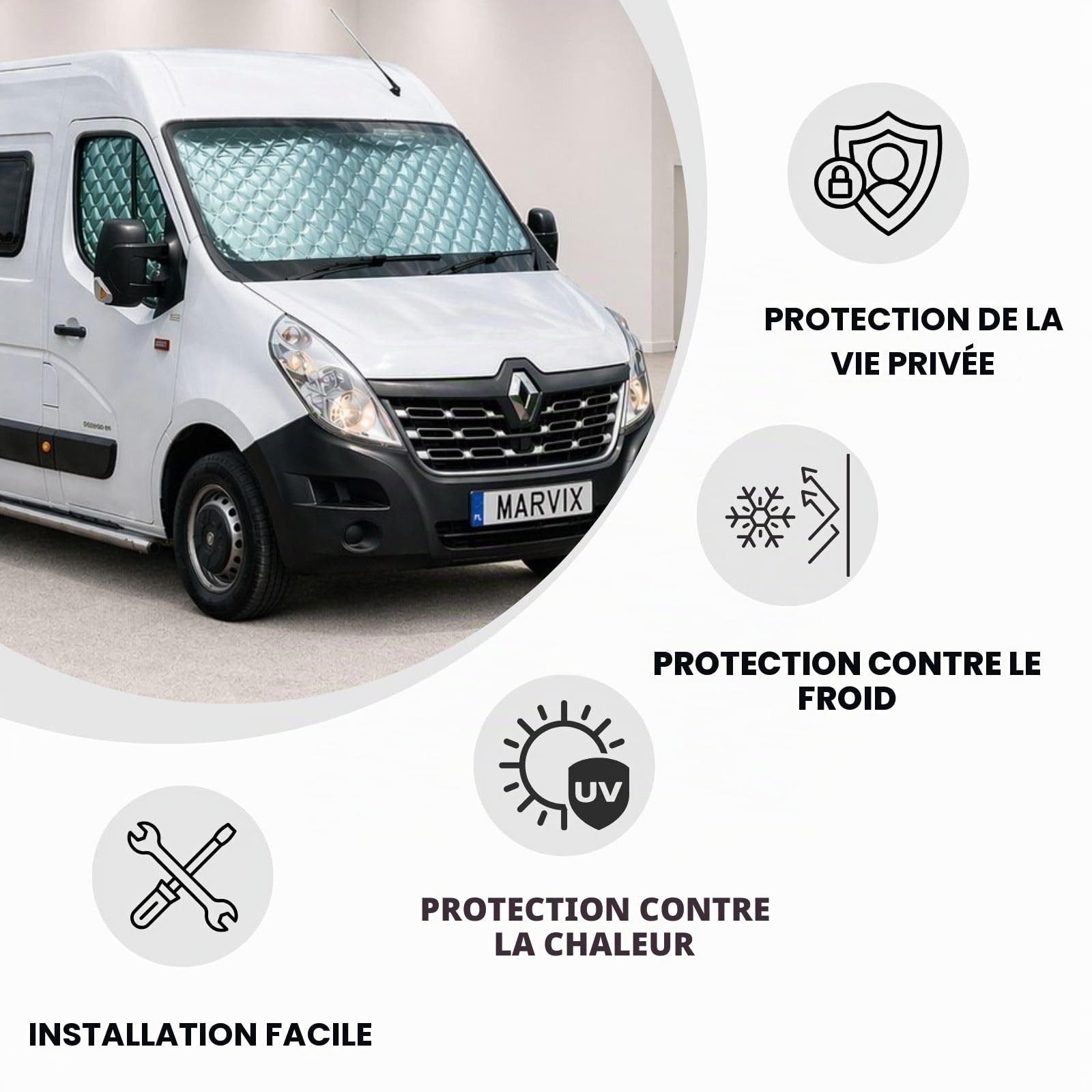 Marvix Protection de pare-brise isotherme Premium à 9 couches pour Renault Master à partir de 2010 et Movano 2010-2020 pour camping-car Isolation pour fenêtre