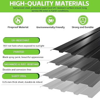 Warmfay® Corrugated Metal Roofing Sheets 12PCS, 115×45cm (6.21m²), Black Galvanised Trapezoidal Grooved Roof Panels, UV-Resistant & All-Weather Metal Roofing for Greenhouse, Carport, Garage