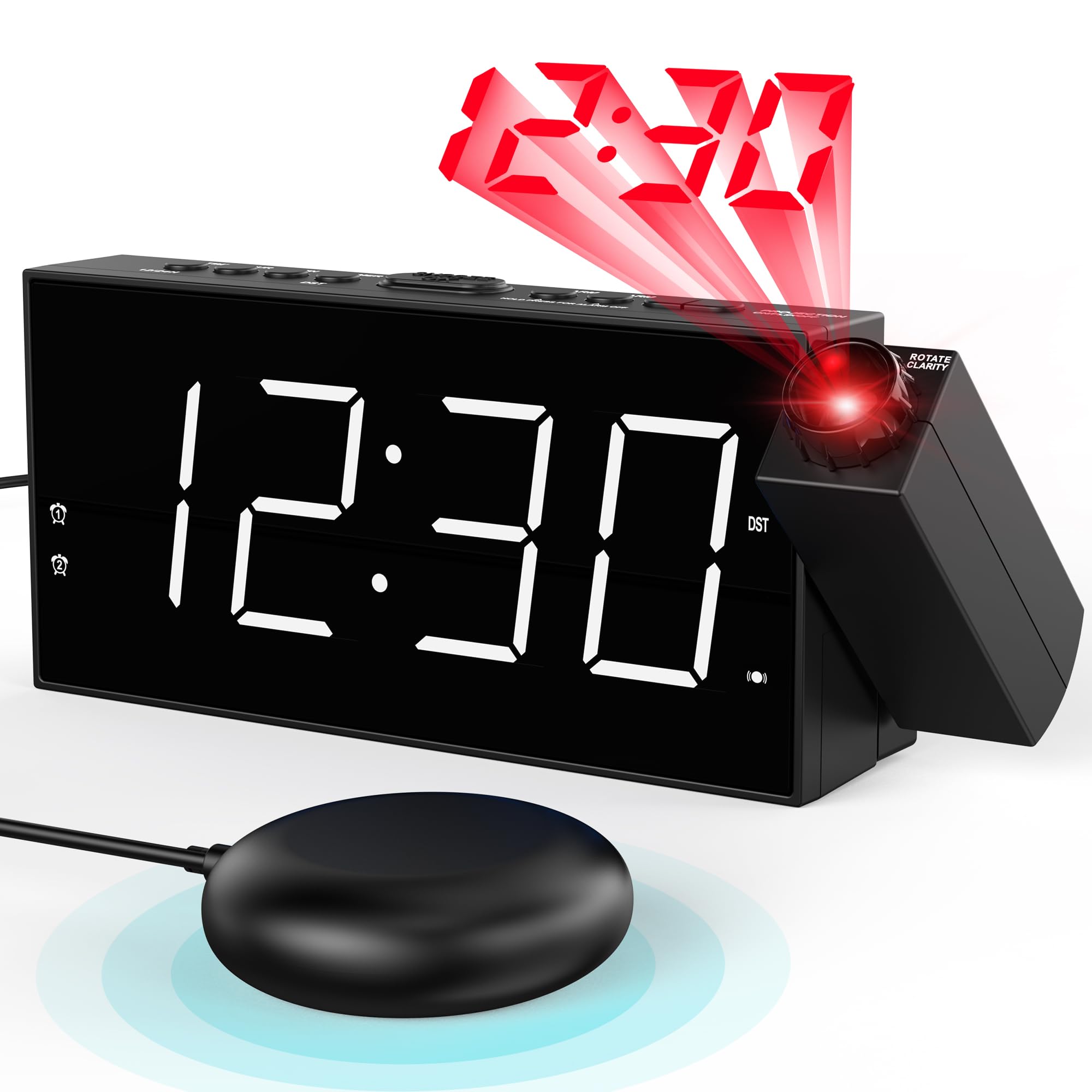 Mesqool Despertador para Sordos con Vibracion, Despertador Proyección con 180° Proyector, Gran Pantalla led, 5 Brillos, 2 Relojes Despertadores, Snooze para Dormitorio/Oficina/Cocina