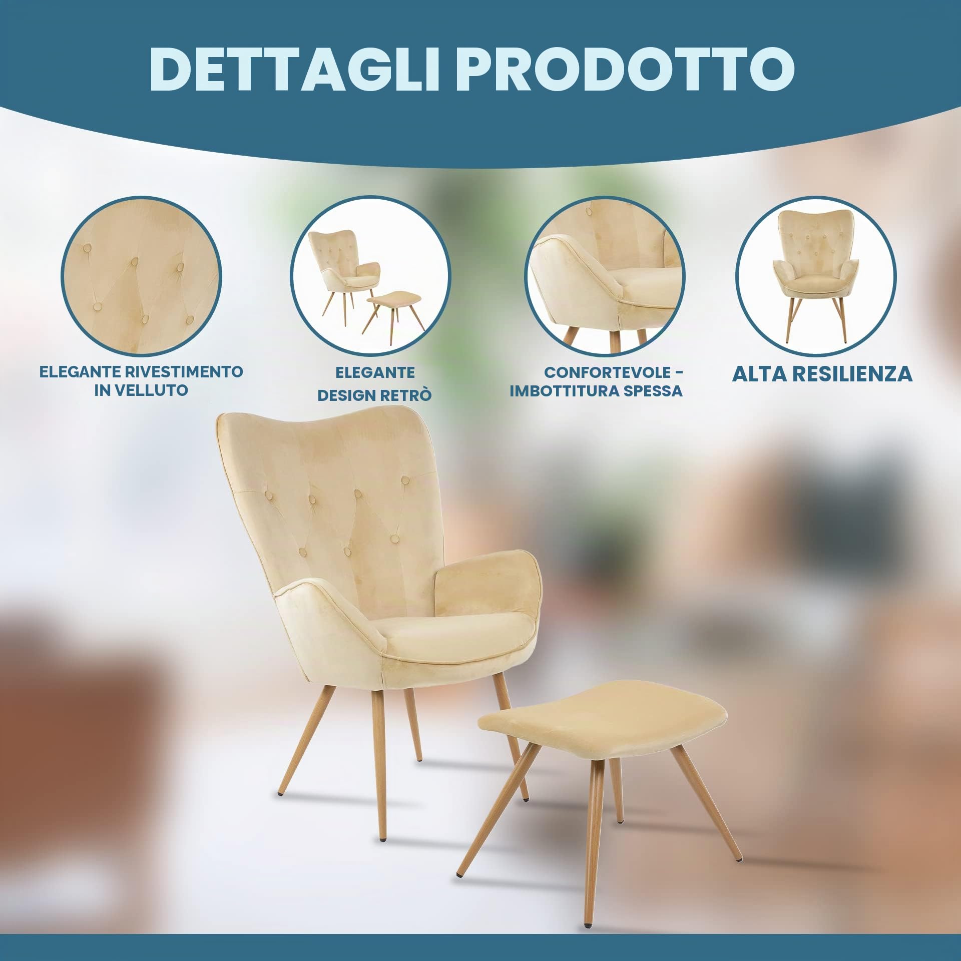 Albatros sedia ad ala con sgabello YORK, beige, rivestimento in velluto, comoda imbottitura, poltrona TV, poltrona imbottita