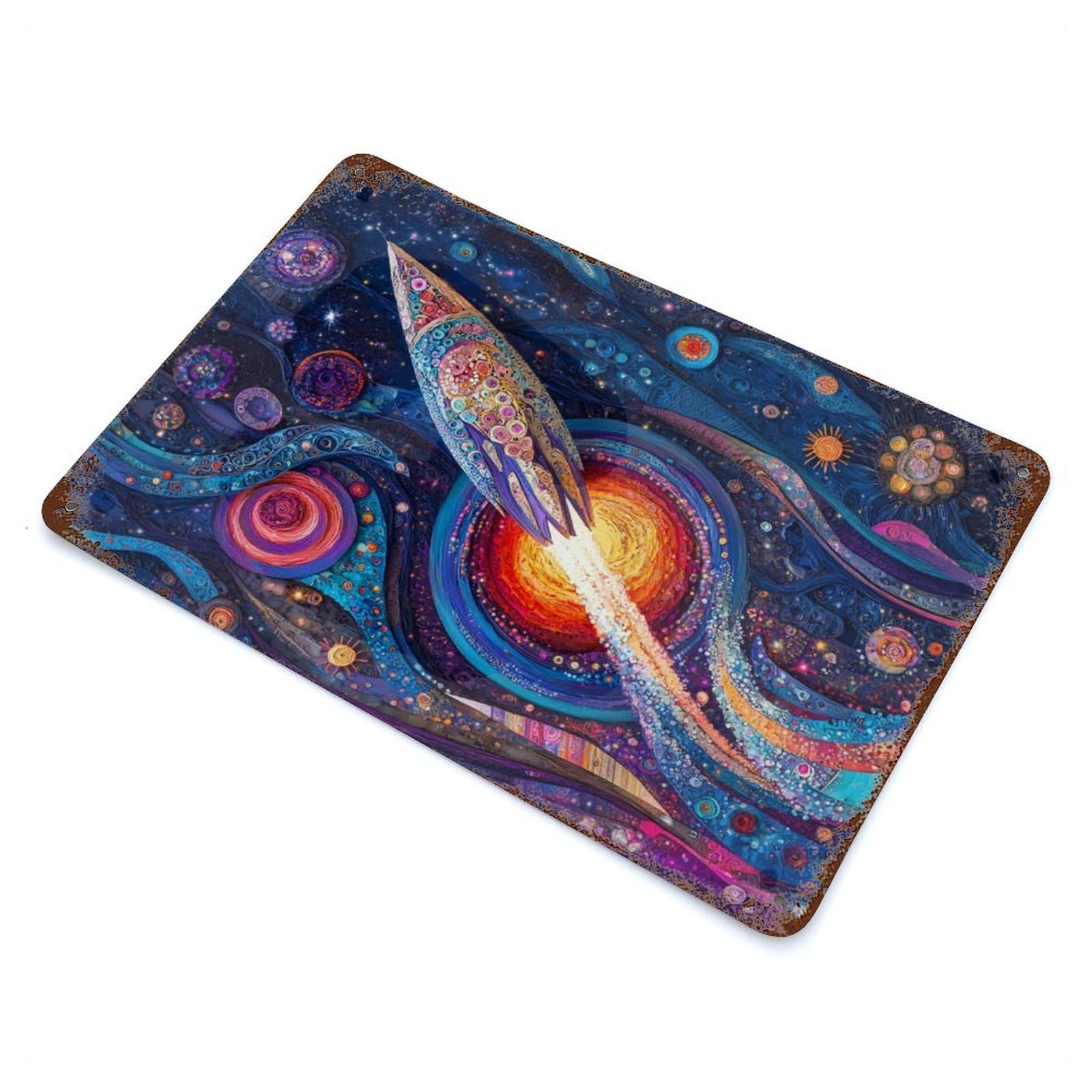 Aged Metal Wall Plaque with Fantasy Rocket in Space Design 11.8"x7.9", for Basement, Hobby Room And Garage Decor, Farmhouse Wall Decor