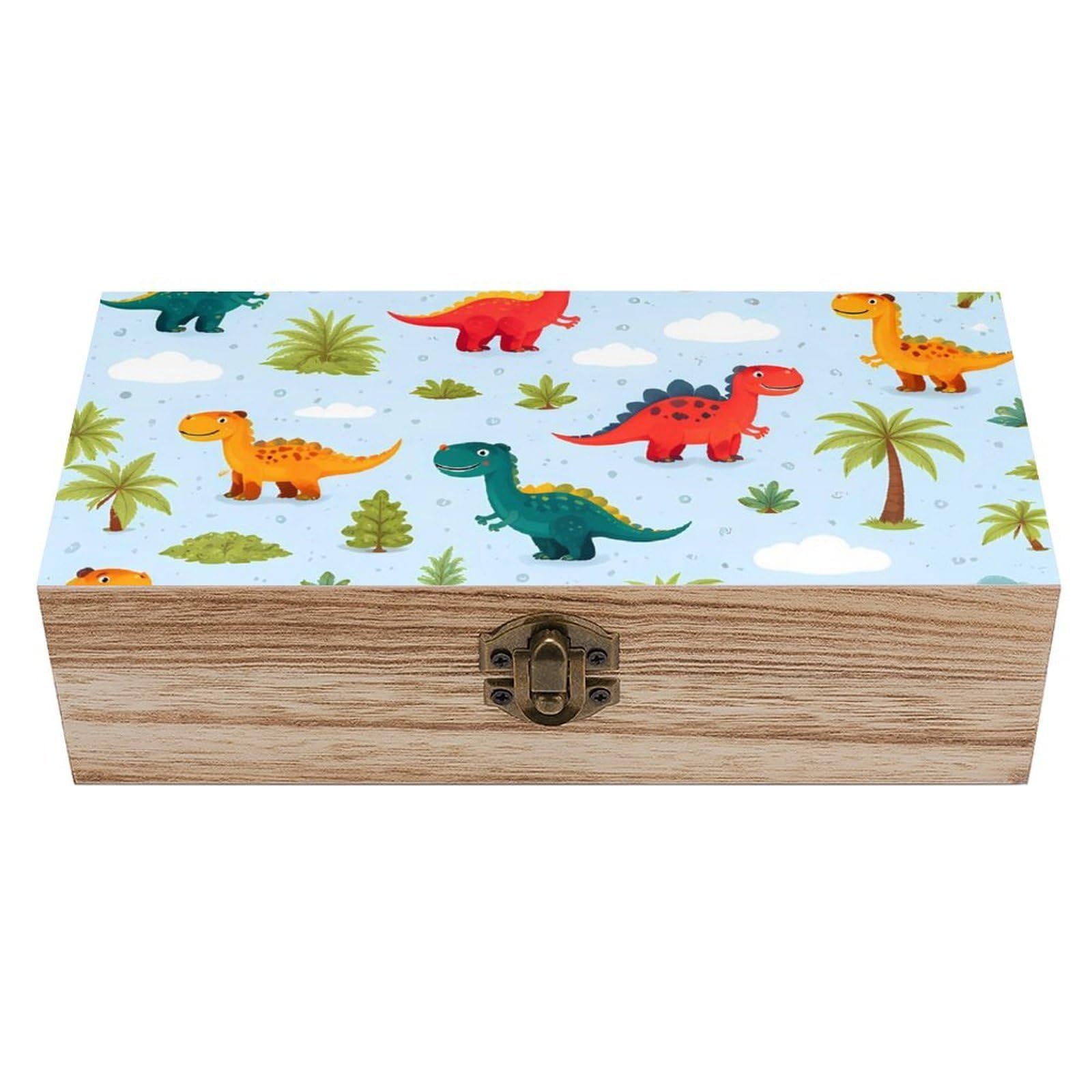 HLBSDM Cute Funny Cartoon Dinosaurs Sky Blue Wooden Storage Box