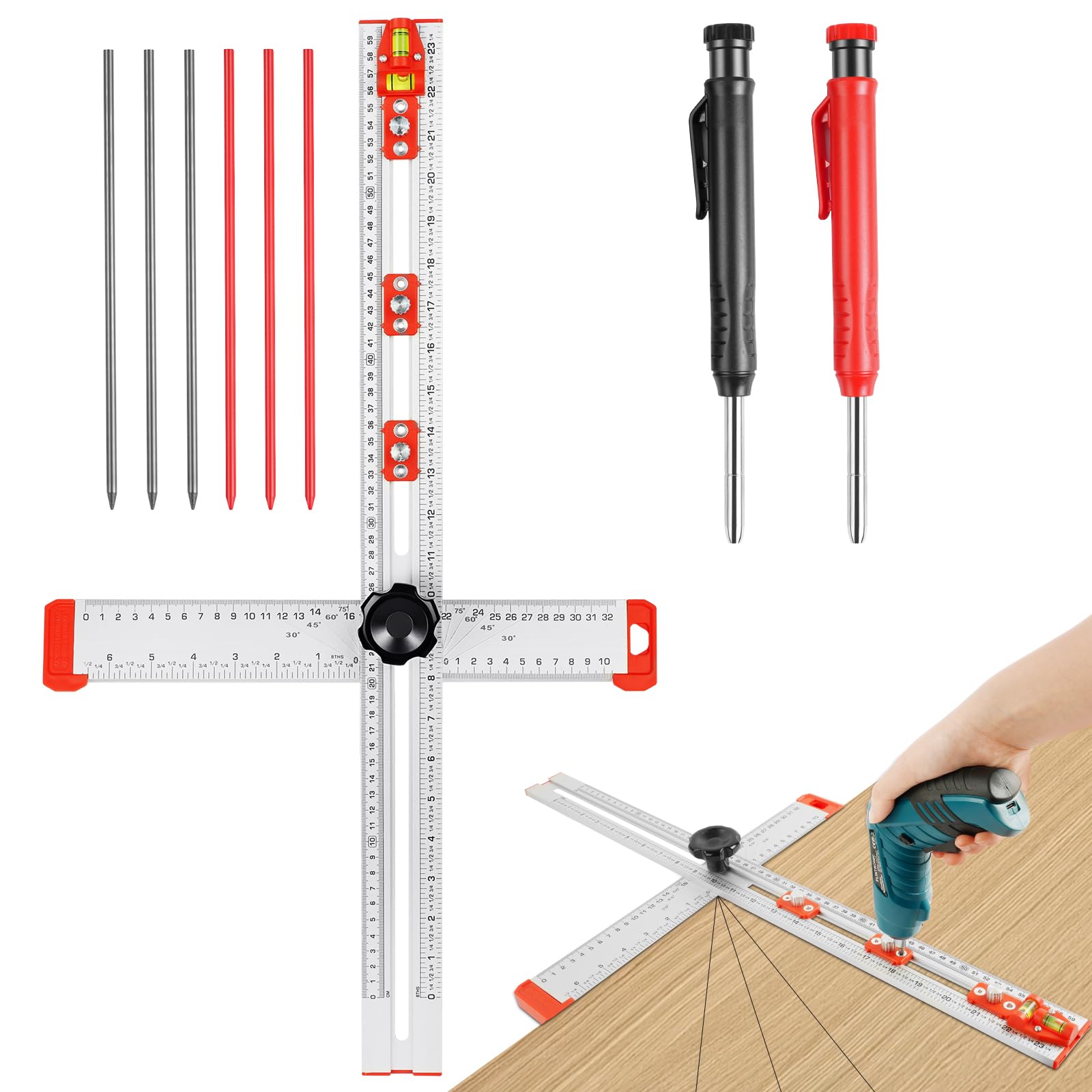 Flintronic 4-in-1 Drilling Positioning Ruler, 60CM Scale Marking Gauge Tools, T Square Woodworking Ruler, Precise Drilling Tool for Woodworking Scribe Drawing, Cabinet Hardware Jig（Silver）