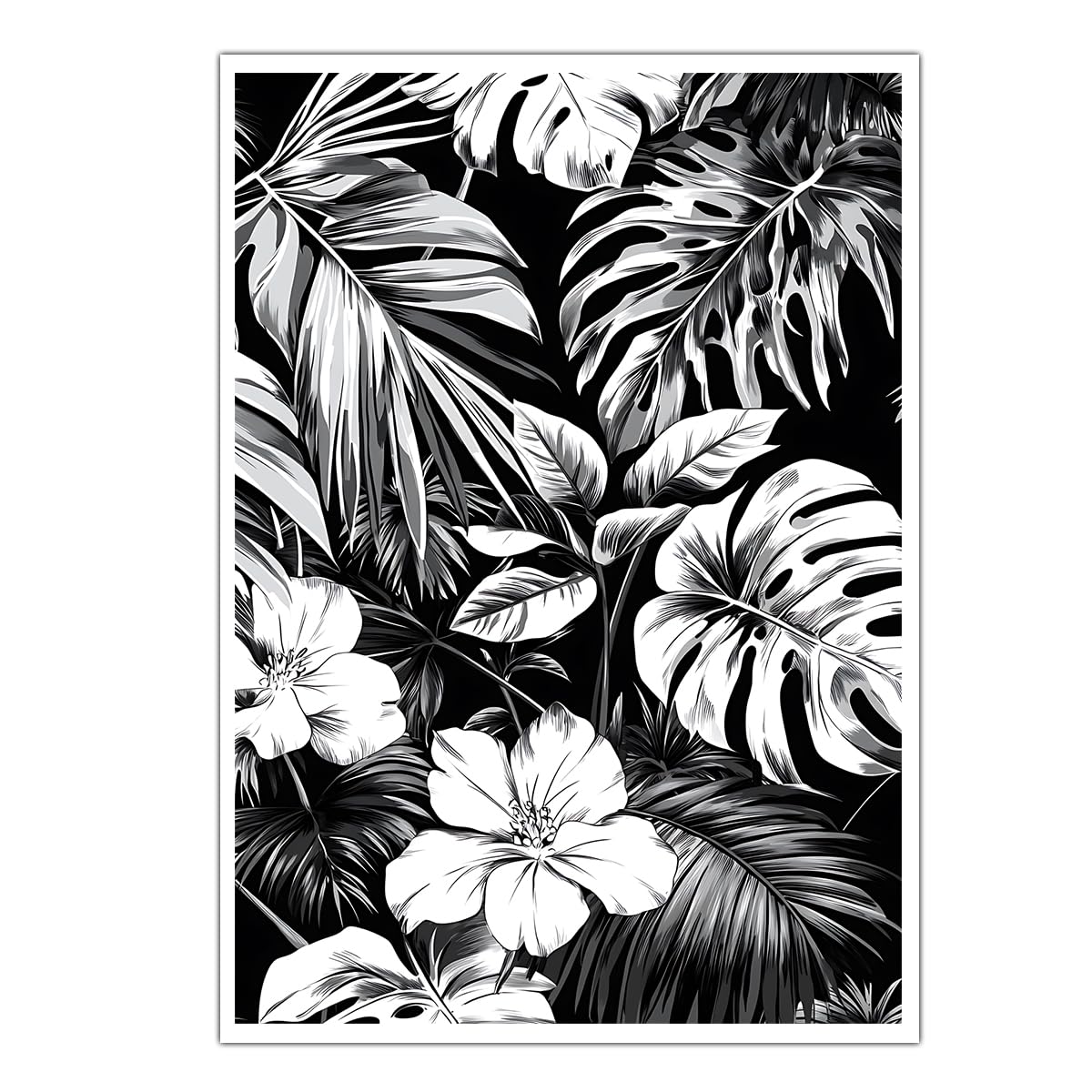 CHERHERART Black White Canvas Poster Tropical Monstera Palm Leaf Canvas Wall Art Bold Boho Botanical Wall Decor for Living Room Home Office 40x60cm Frameless