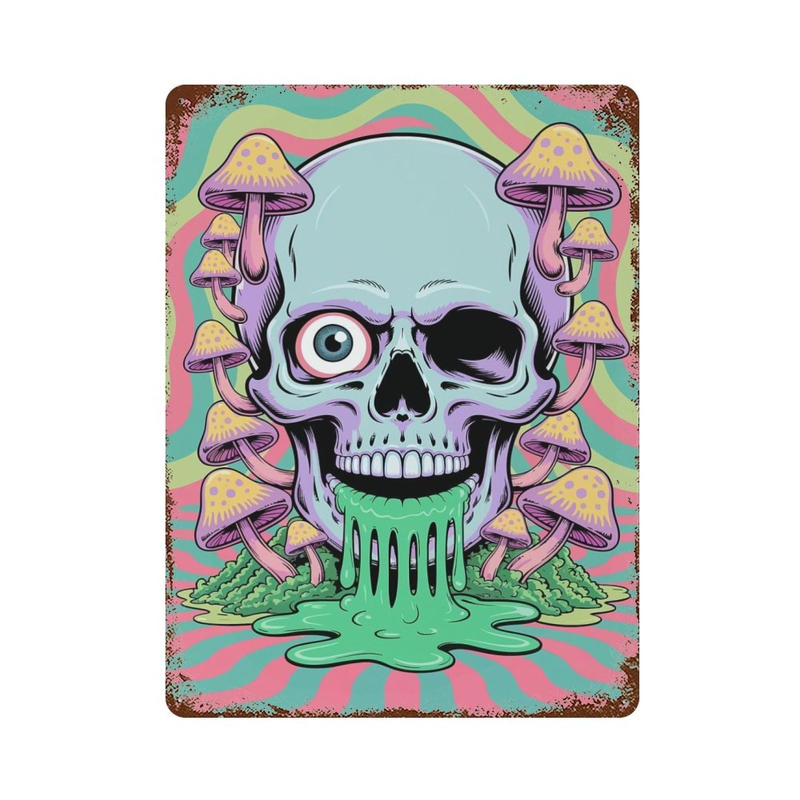 Vintage Rust Metal Sign with Skull with Mushrooms Trippy Art Design 15.7"x11.8", for Garage, Bar And Workshop Decor, Retro Wall Decor