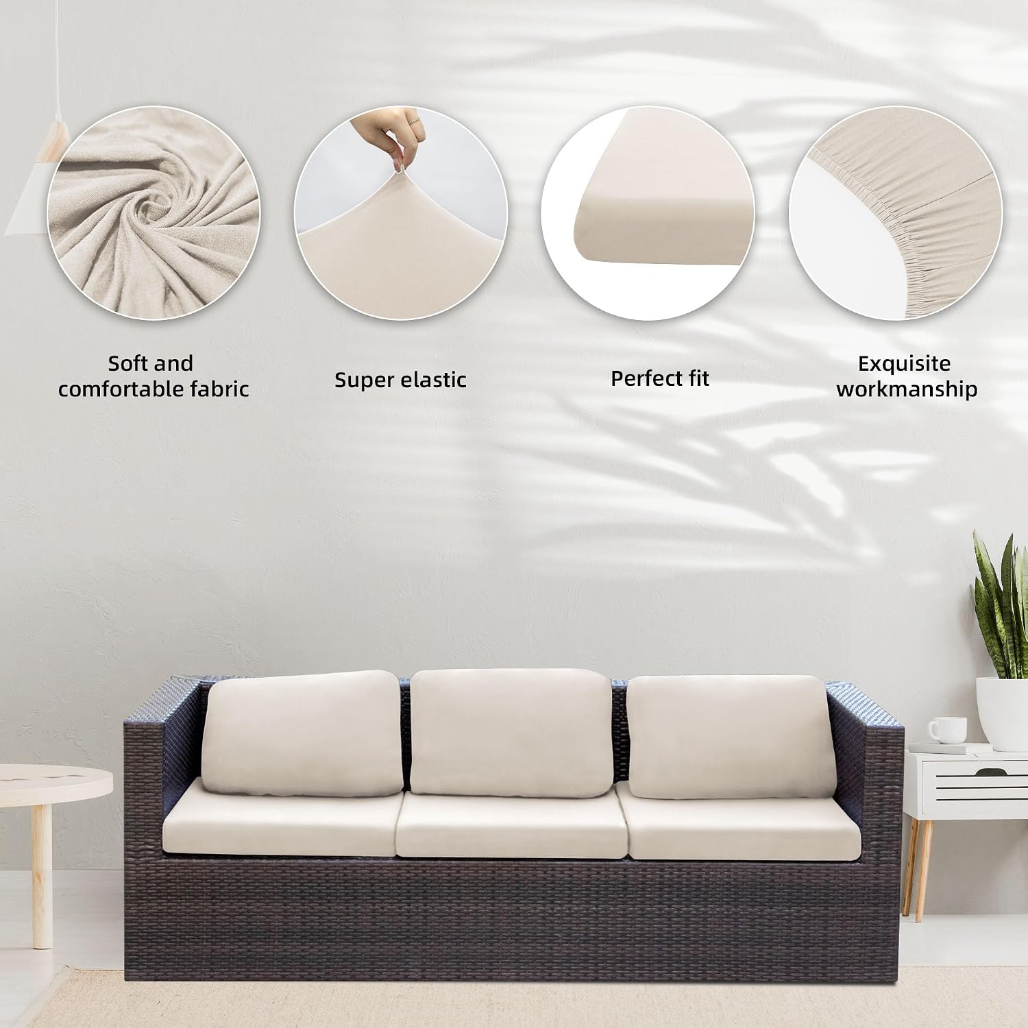BIETYONE 8Pcs Stretch Patio Cushion Covers,Outdoor Couch Covers Replacement,Outdoor Couch & Sofa Slipcovers,for Patio Furniture Cushion Covers,Washable Reusable urniture Protector(Beige,8PCS)